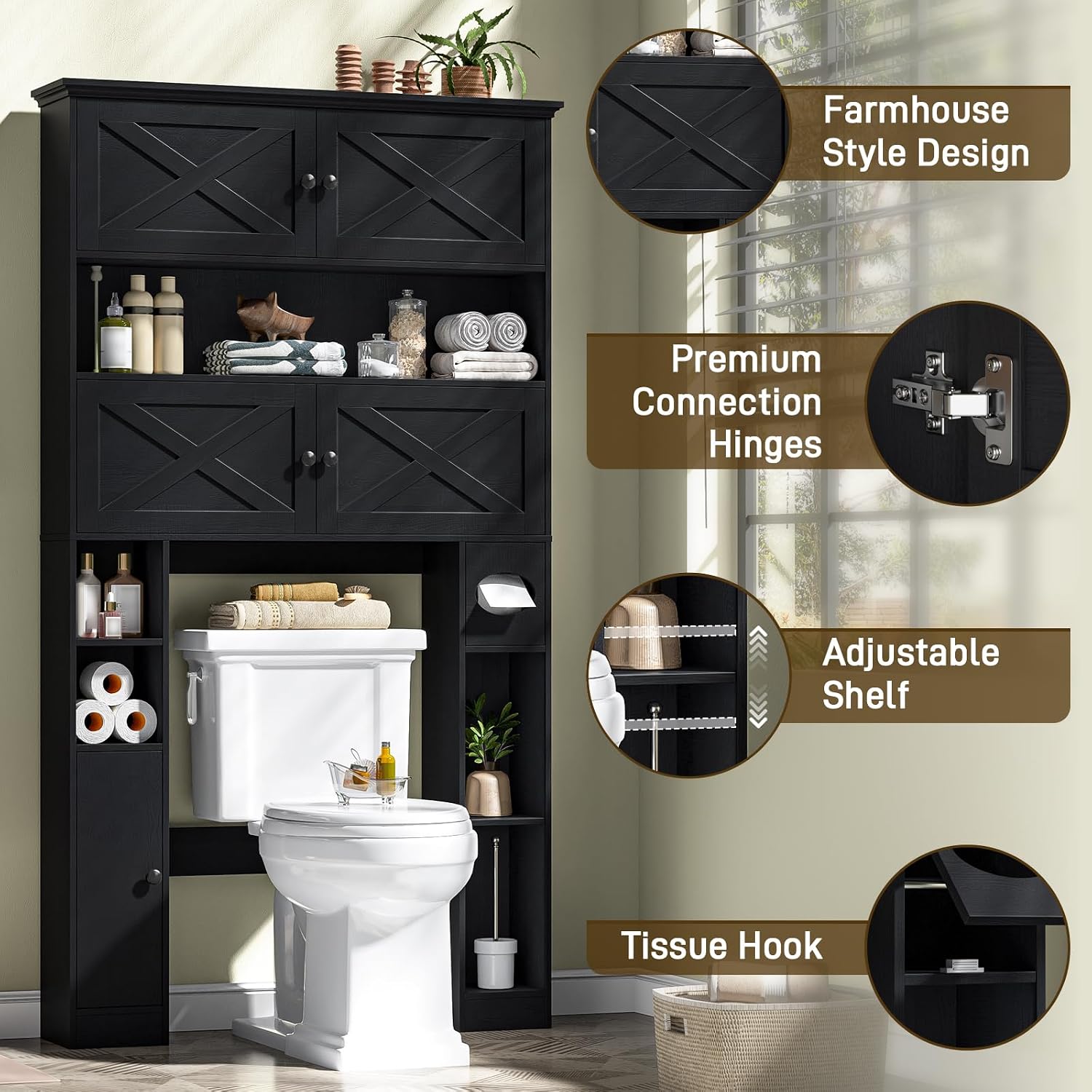 Over The Toilet Storage Cabinet, Farmhouse Storage Over Toilet with 4 Barn Doors & Adjustable Shelf, Space Saving Bathroom Organizer with Toilet Paper Holder Stand for Bathroom, Laundry, Rustic Black