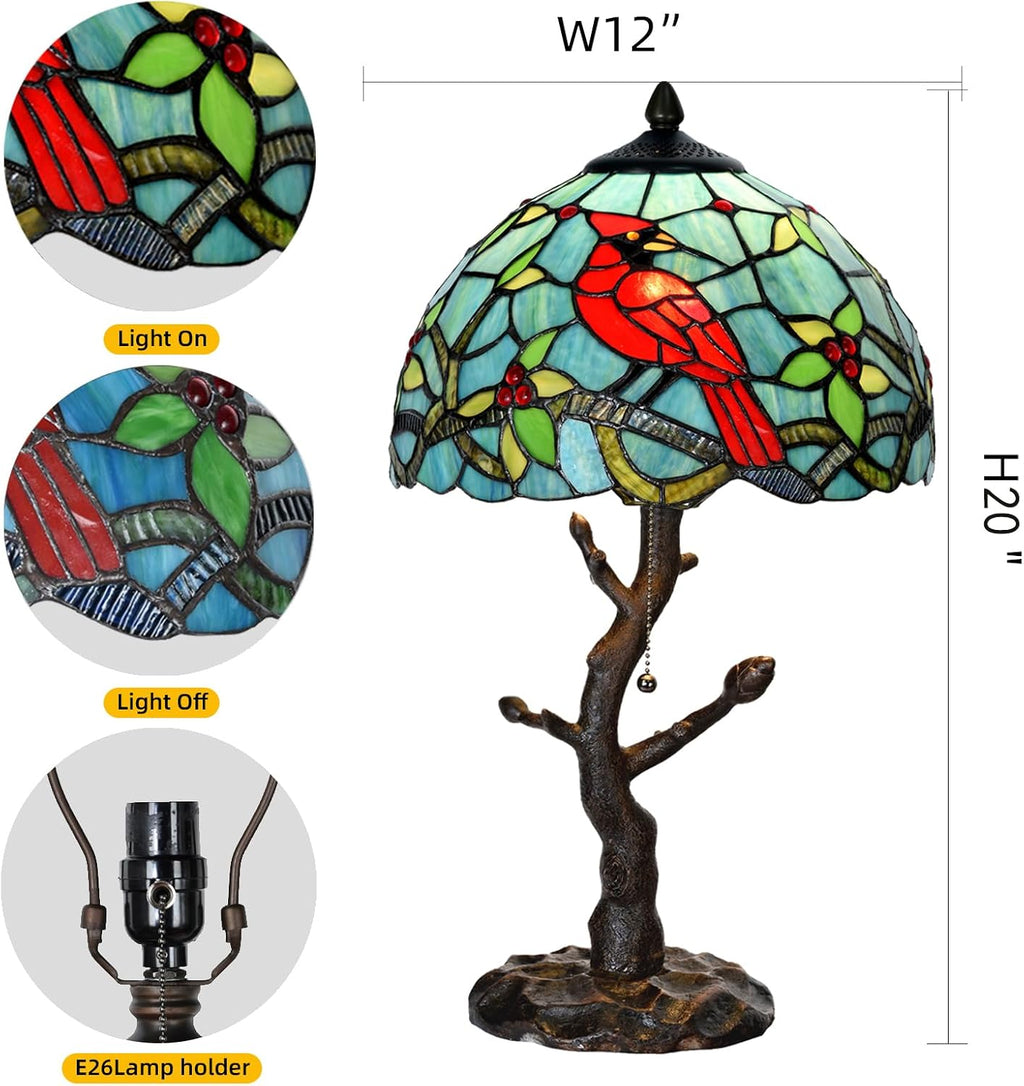 TL0035 Tiffany Style Stained Glass Table Lamp, Cardinal Bird Desk Lamp with Branch Base, W 12' x OH 21', Great for Home Decor & Night Lighting, LED Bulb Included (Red Cardinal)