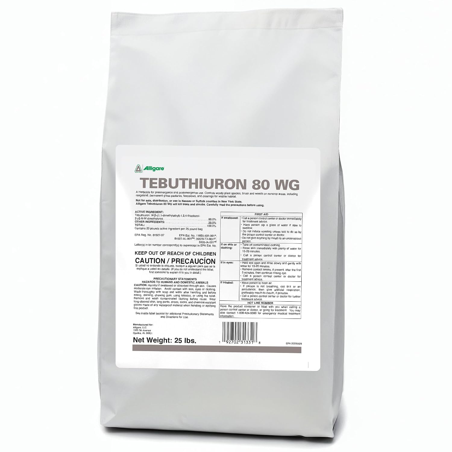 ALLIGARE 80 WG Tebuthiuron Herbicide Weed Killer to Control Woody Plants & Weeds - Granular Brush Killer in Rangelands, Rights-of-Way & Wildlife Clearings - Pre/Post-Emergent, Spike Equivalent - 25 lb