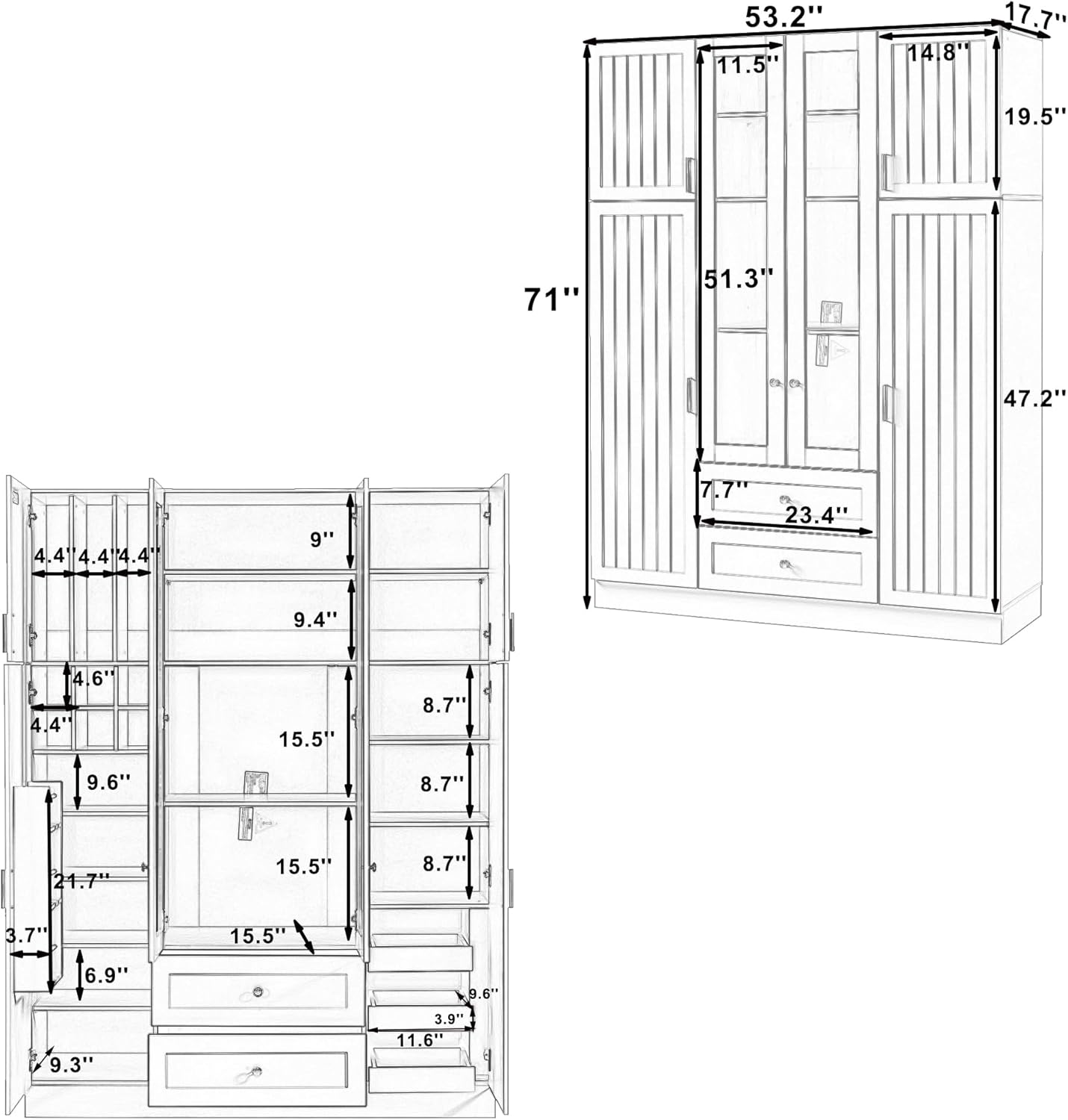 Modern Large Kitchen Pantry with 6 Doors, 53.2''Lx17.7''W Wood Storage Cabinet Cupboard with Drawers, Adjustable Shelves, Pull-Out Trays and Wine Rack for Dining Room (Blue-4.19)
