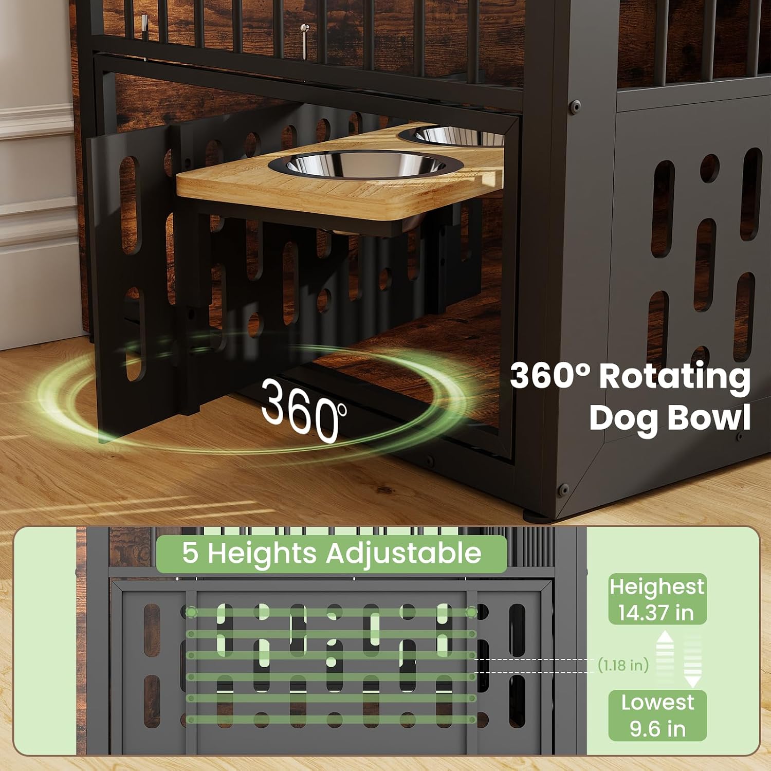 Yafylly 48 Inch XXL Dog Crate Furniture, Wooden Chewproof Dog Kennel with Interactive Window, 360° Adjustable Bowls (5 Heights), Storage Table Top, Heavy Duty XL Dog Crate for Medium Large Dogs, Brown