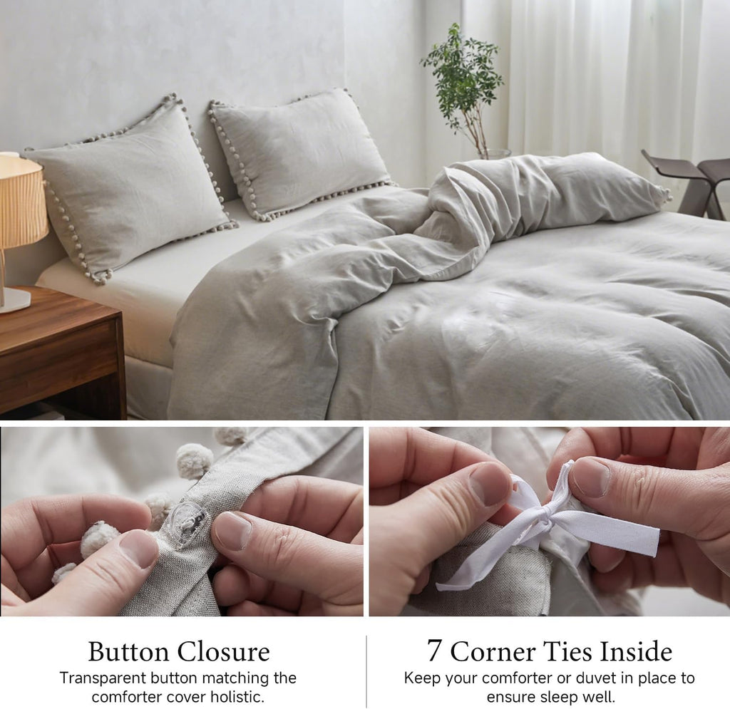 Simple&Opulence French Linen Blended Duvet Cover Queen, Flax Viscose Derived from Bamboo Bedding Set with Pom Pom Trim Soft Cooling for Hot Sleepers, 1 Boho Comforter Cover and 2 Pillow Shams, Linen