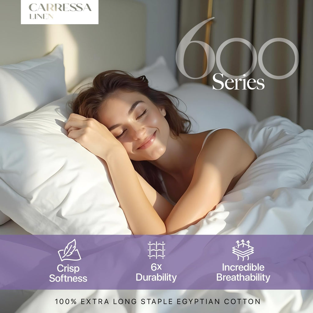 Carressa Linen 100% Egyptian Cotton Full Size Sheets - 600 Series Hydrangeas Collection Full Size Egyptian Cotton Sheets (8 PC, Crisp White), 16' Deep Pocket Sateen Weave Luxury Hotel Bed Sheet Set