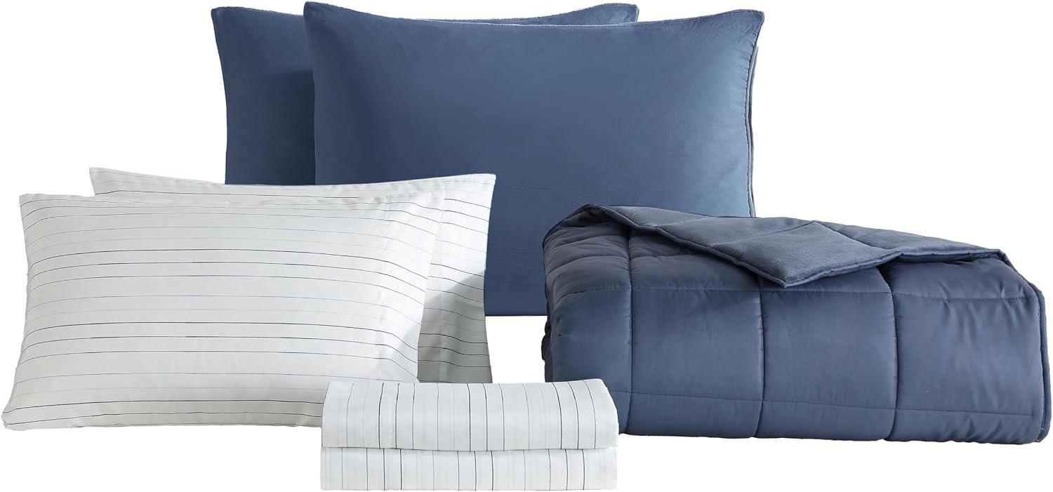 Calvin Klein - Queen Bonus Comforter Set, Reversible Bedding with Matching Bed Sheets, Pillowcases & Shams, Oeko-Tex Certified (Blue)