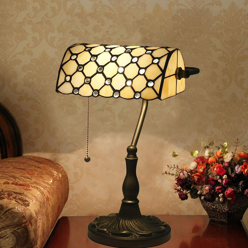 Tiffany Style Bankers Table Lamp Stained Glass Piano Desk Lamp Vintage Bedroom Bedside Lamp for Study,Antique Alloy Base,Zipper Switch,Beige