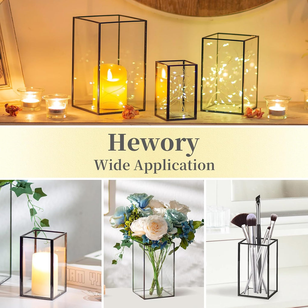 Glass Hurricane Candle Holder Large - Hewory 18pcs Black Rectangle Flower Holders Centerpiece for Table, Tall Floor Square Pillar Candle Lantern for Wedding, Anniversary, Party, Fireplace, Dining Room