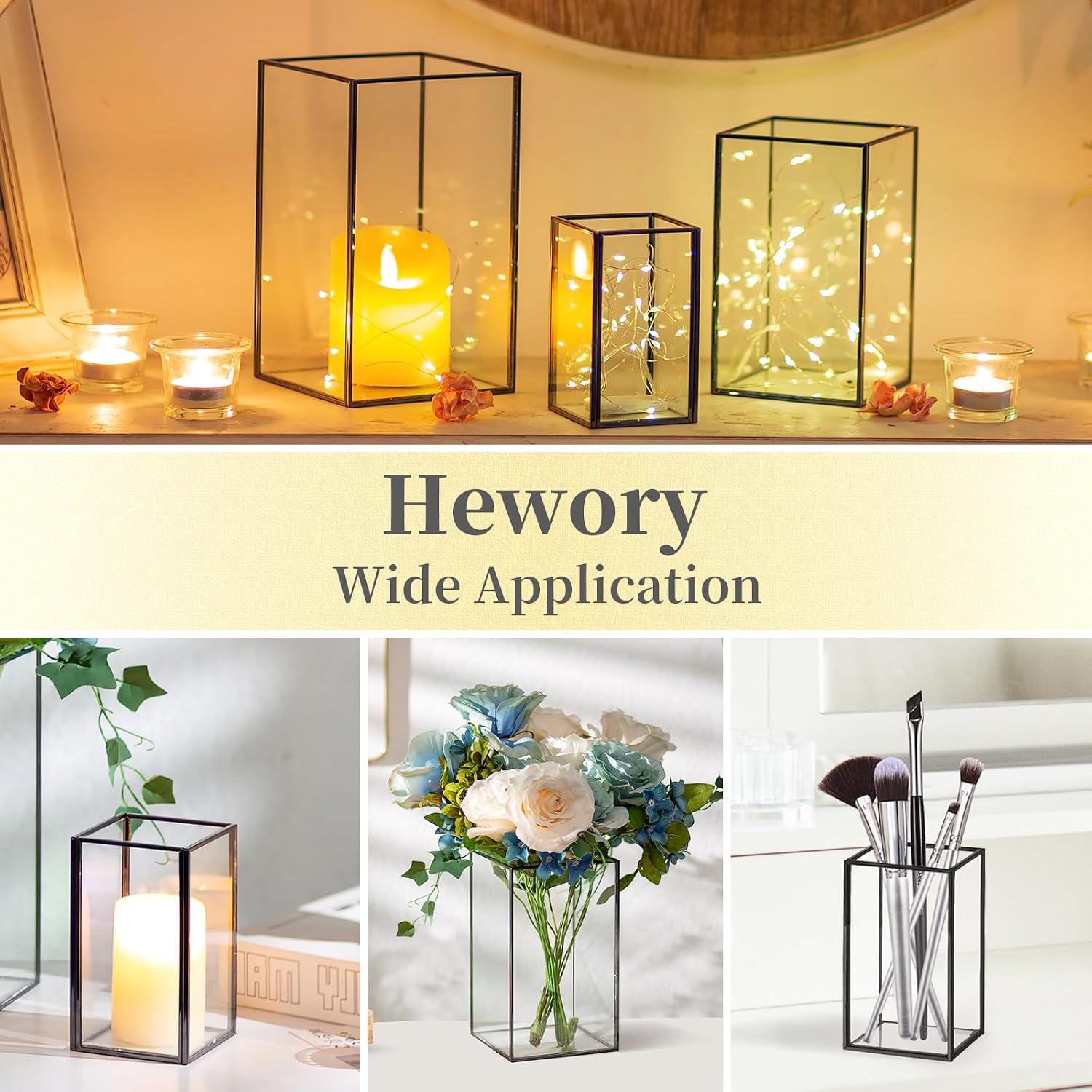 Glass Hurricane Candle Holder Large - Hewory 18pcs Black Rectangle Flower Holders Centerpiece for Table, Tall Floor Square Pillar Candle Lantern for Wedding, Anniversary, Party, Fireplace, Dining Room