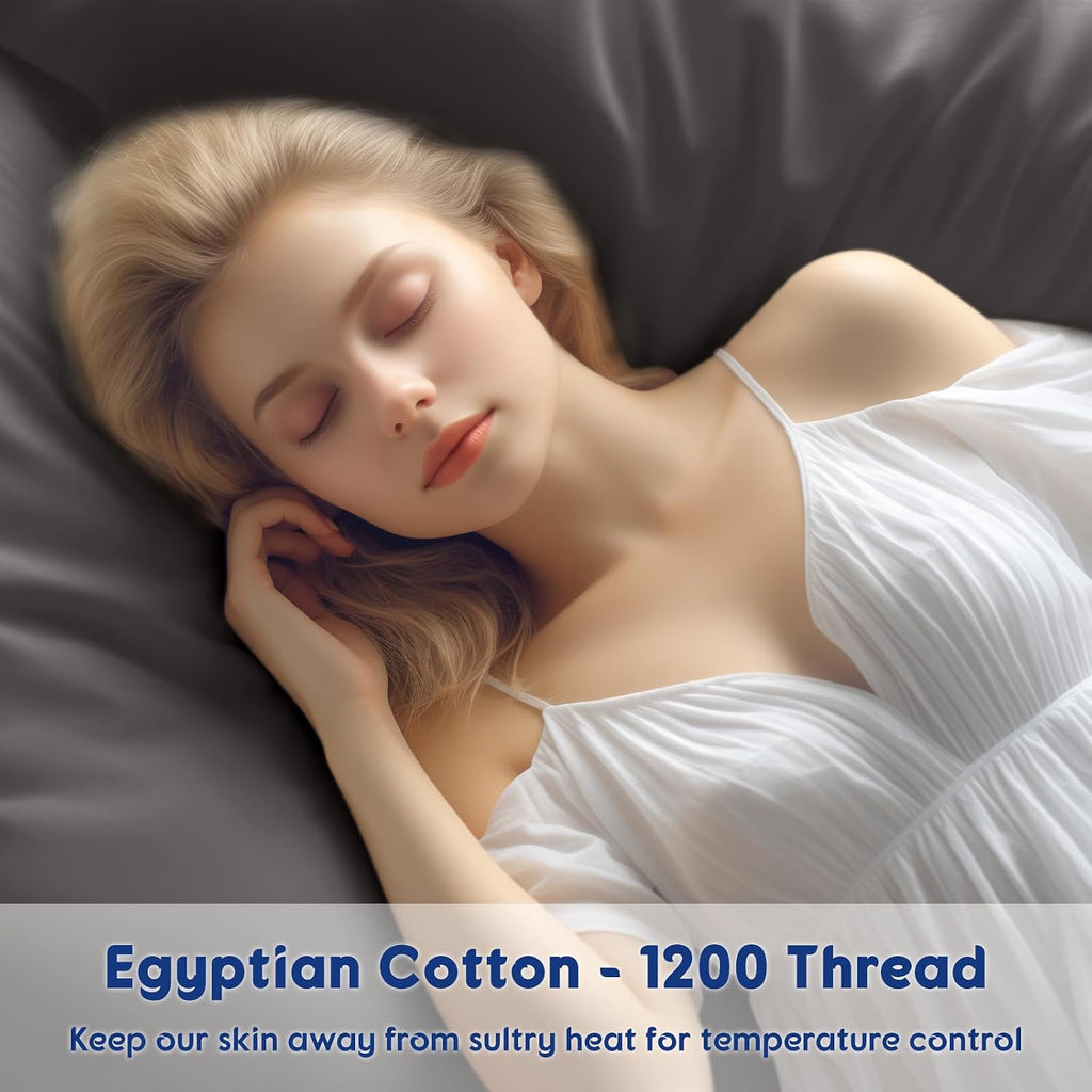 SONORO KATE 100% Egyptian Cotton Sheets - 1200 Thread Count, Luxury & Cooling Hotel Cotton Bed Sheets Set 4 Piece, Sateen Weave for Soft Feel, Fits Upto 16' Mattress (Dark Grey, Full)