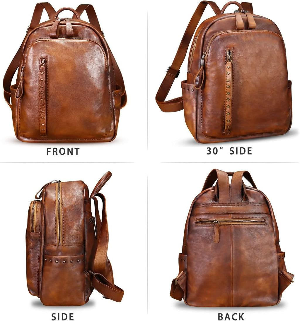 Genuine Leather Backpack Purse for Women Vintage Casual Daypack College Bag Handmade Cowhide Western Rivets Rucksack (Brown)