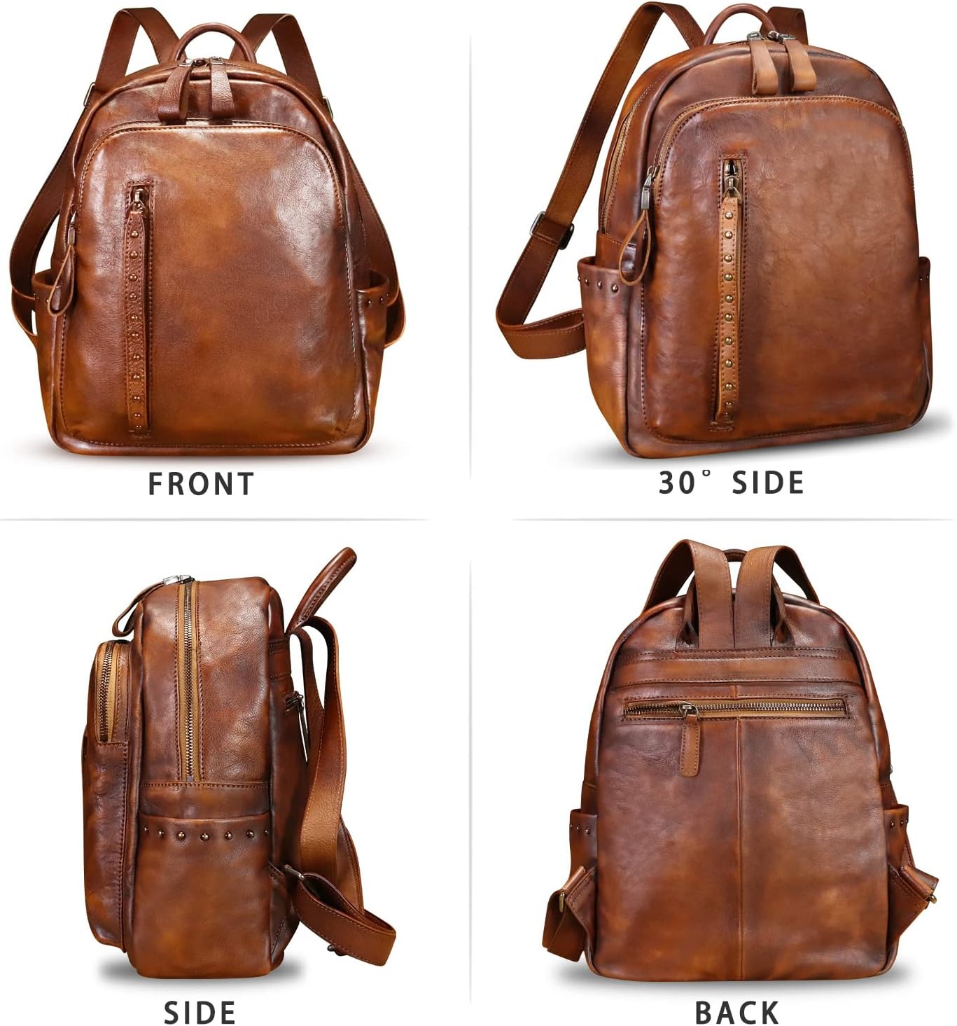 Genuine Leather Backpack Purse for Women Vintage Casual Daypack College Bag Handmade Cowhide Western Rivets Rucksack (Brown)