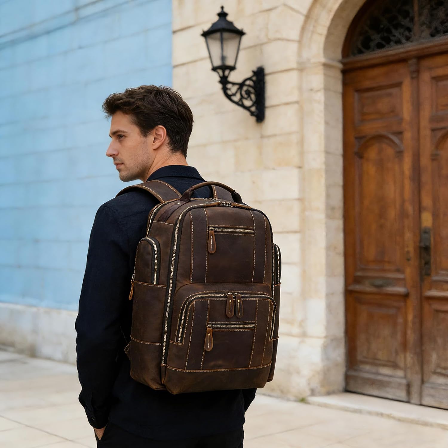 Vintage Full Grain Leather Backpack for Men, 16' Laptop Rucksack For Men Hiking Trave Work Business Bag, 9517 Brown