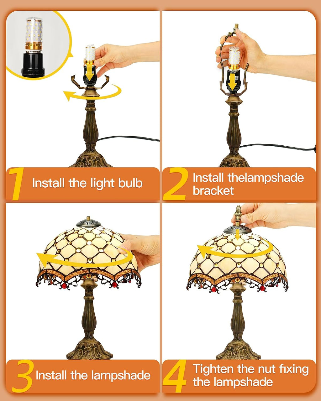 Tiffany Lamp Cream Amber Stained Glass Bead Table Lamp Desk Bedside Reading Light 12X12X18 Inches Deco Bedroom Living Room Home Office