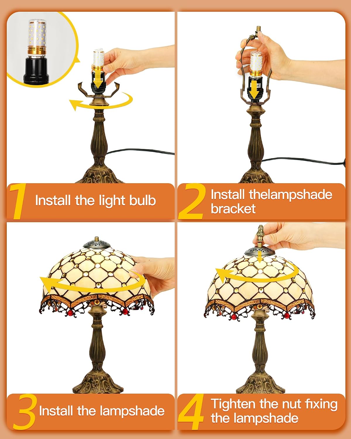 Tiffany Lamp Cream Amber Stained Glass Bead Table Lamp Desk Bedside Reading Light 12X12X18 Inches Deco Bedroom Living Room Home Office