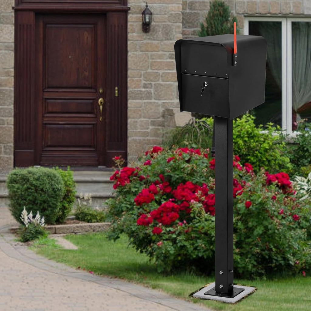 43 Inch Steel Mailbox Post with Base Plate, Heavy Duty In-Ground Mounting Post for Outside, Q235 Mail Box Post for Street Curbside, Mailbox Post Kit for Sidewalk, Black