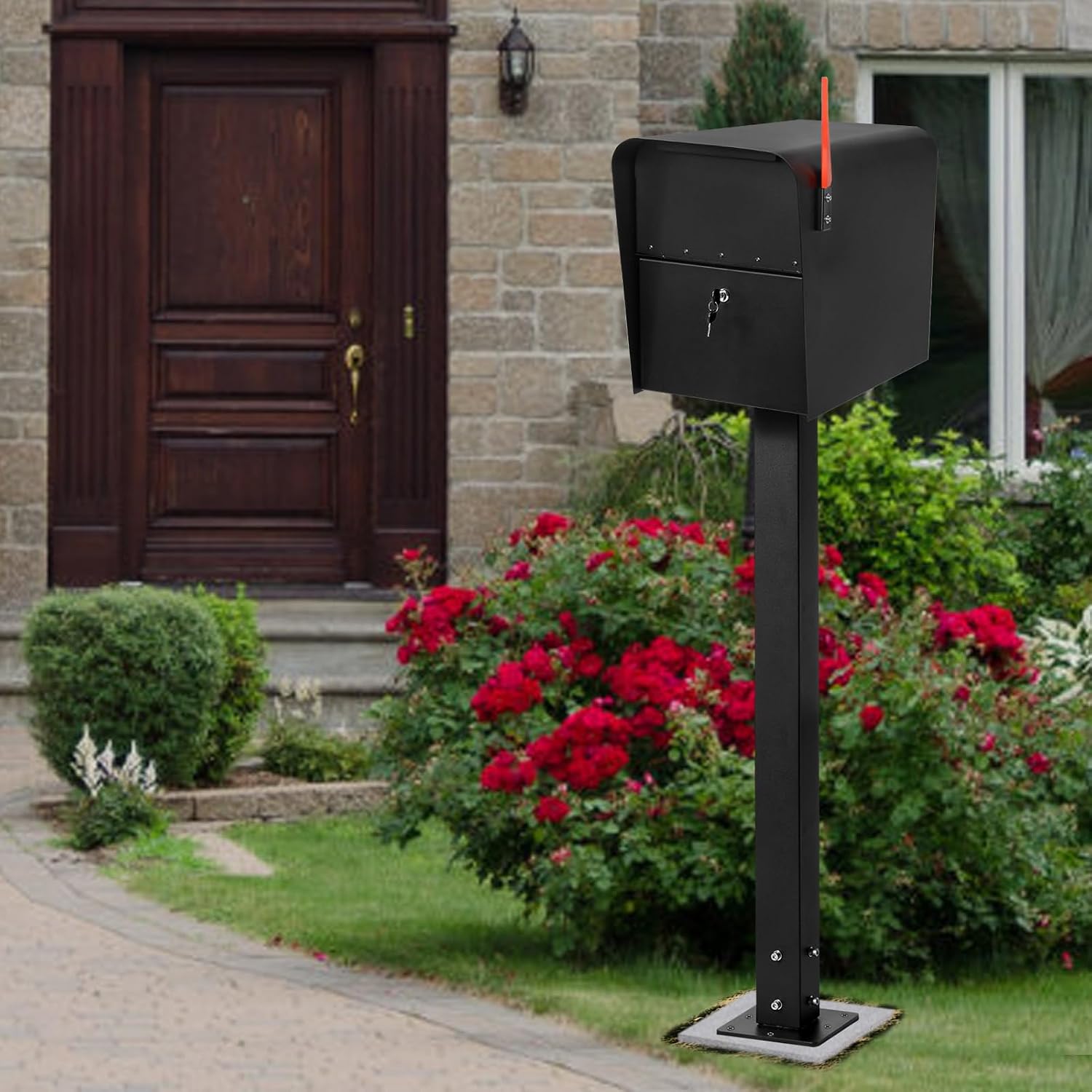 43 Inch Steel Mailbox Post with Base Plate, Heavy Duty In-Ground Mounting Post for Outside, Q235 Mail Box Post for Street Curbside, Mailbox Post Kit for Sidewalk, Black