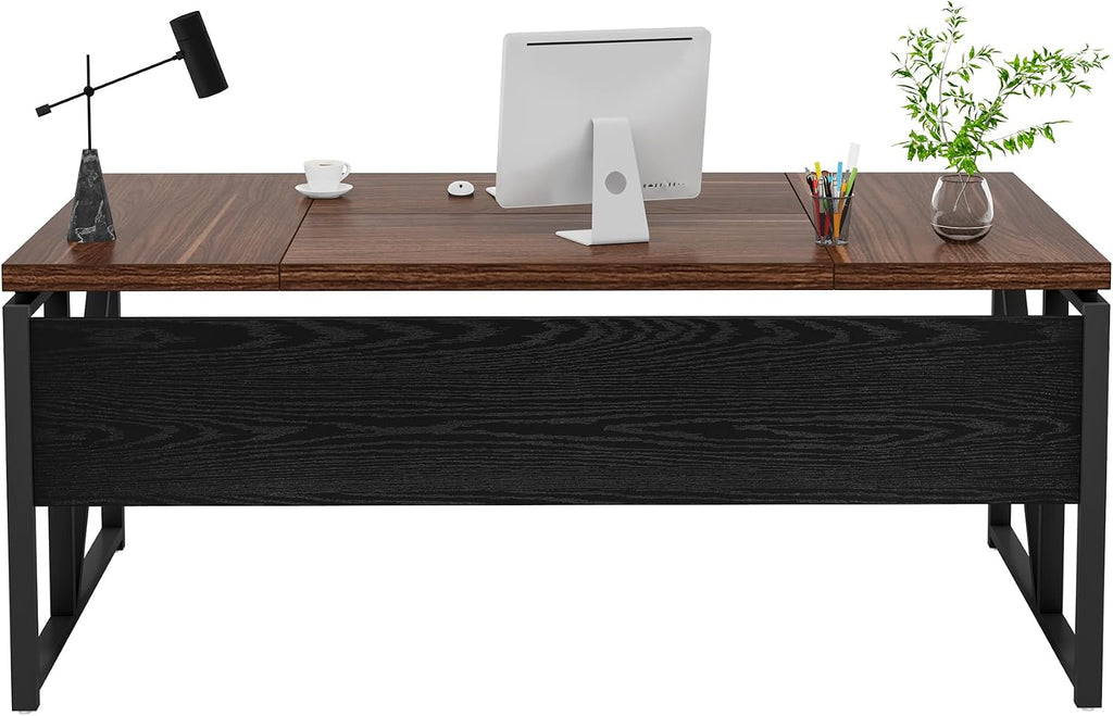Tribesigns 63 inches Computer Desk with Bottom Storage Shelf Home Office Desk Writing Table for Workstation, Dark Walnut + Steel Leg, Cabinet not Included (Dark Brown, 63-inch-with-Shelf)