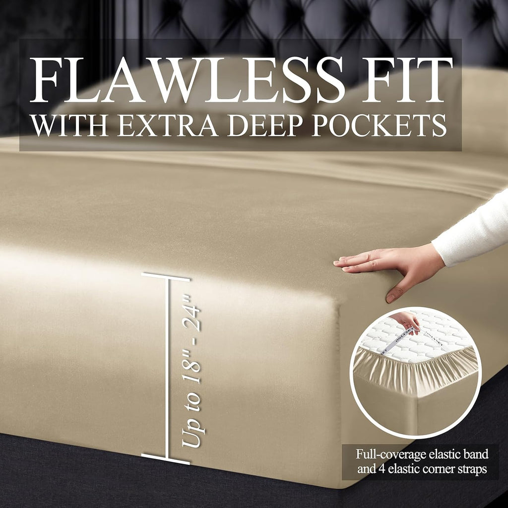 18-24 Inch Extra Deep Pocket King Sheet Set, 100% Viscose Derived from Bamboo Sheets King Size Bed Sheets, 4Pcs Soft Taupe Cooling Sheets for Hot Sleepers