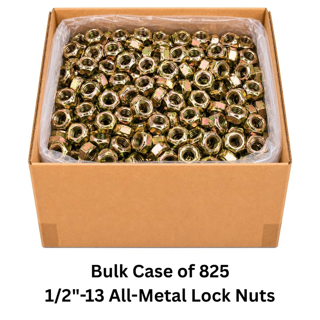1/2-13 All-Metal Top Lock Nuts (825 Case) – Grade C Prevailing Torque High-Temperature, Vibration-Resistant Coarse Thread Collar Style Crimped Top Locking SAE J995 0.5'