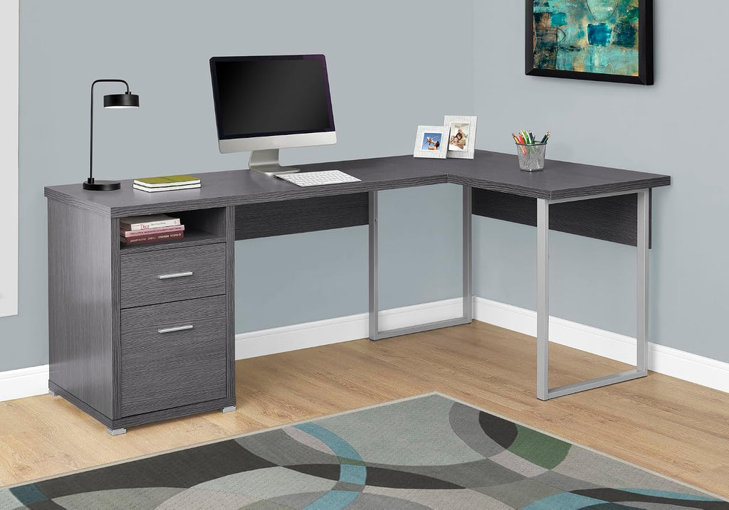 Monarch Specialties I 7257 Computer Desk, Home Office, Corner, Left, Right Set-up, Storage Drawers, 80'L, L Shape, Work, Laptop, Metal, Laminate, Grey