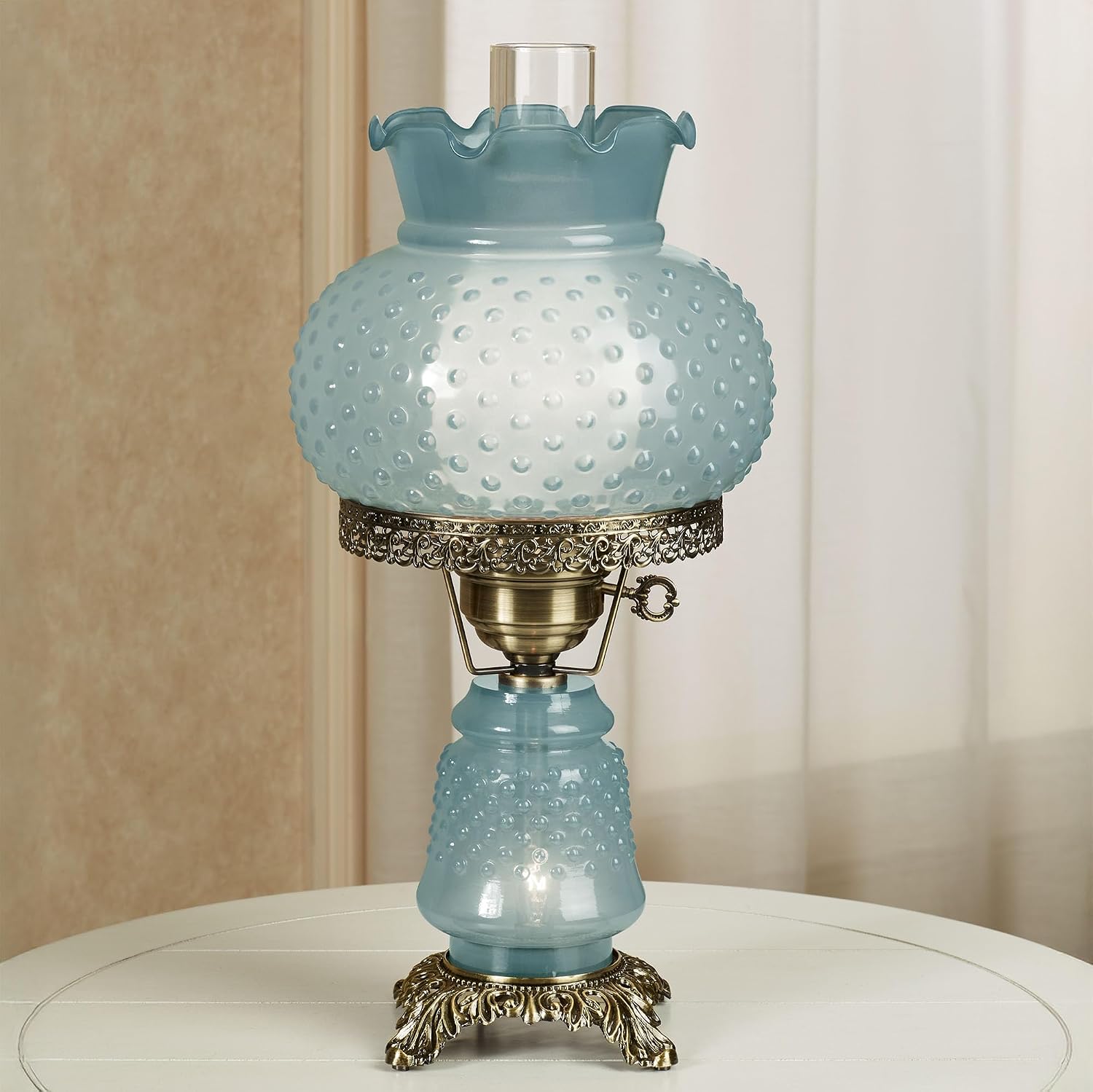 Touch of Class Mindy Hobnail Glass Table Lamp - Blue Shade - Handcrafted Globe - Blown by Hand - Hurricane Chimney Style - Victorian Lamps for Desk, Bedroom, Living Room - 20.5 Inches High