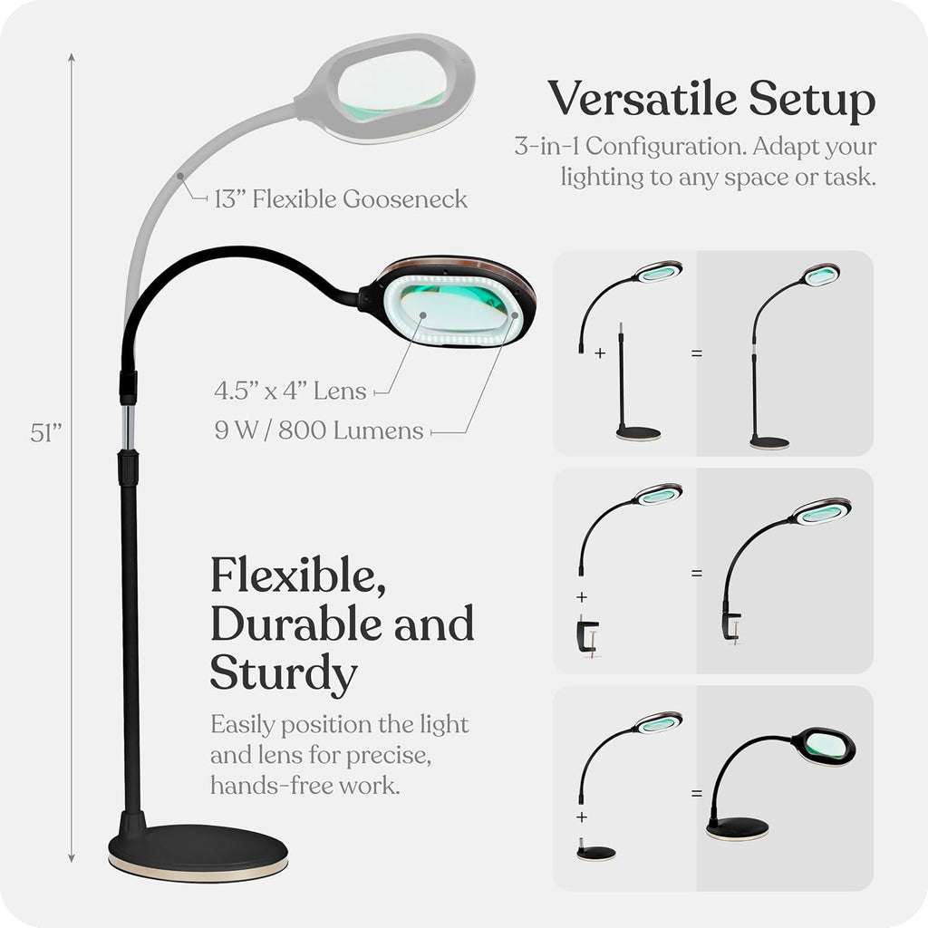 Brightech LightView Pro Magnifying LED Desk Lamp with Flexibility & Durability, 3 in 1 LED Glass Magnifier, Work Light for Hobbies & Reading - Black