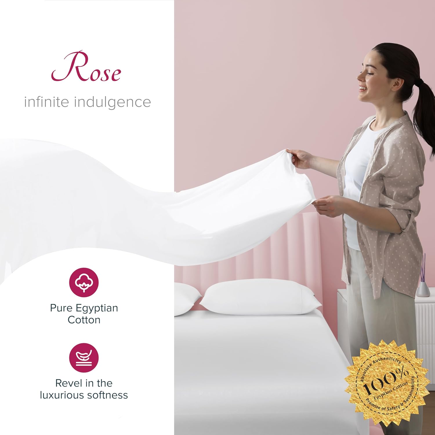 Carressa Linen 100% Egyptian Cotton Queen Sheet Set - Luxury 1200 Series Rose Collection Egyptian Cotton Sheets Queen Size (4 PC, White), Silky Soft, Cooling, Sateen 17' Deep Pocket Bed Set