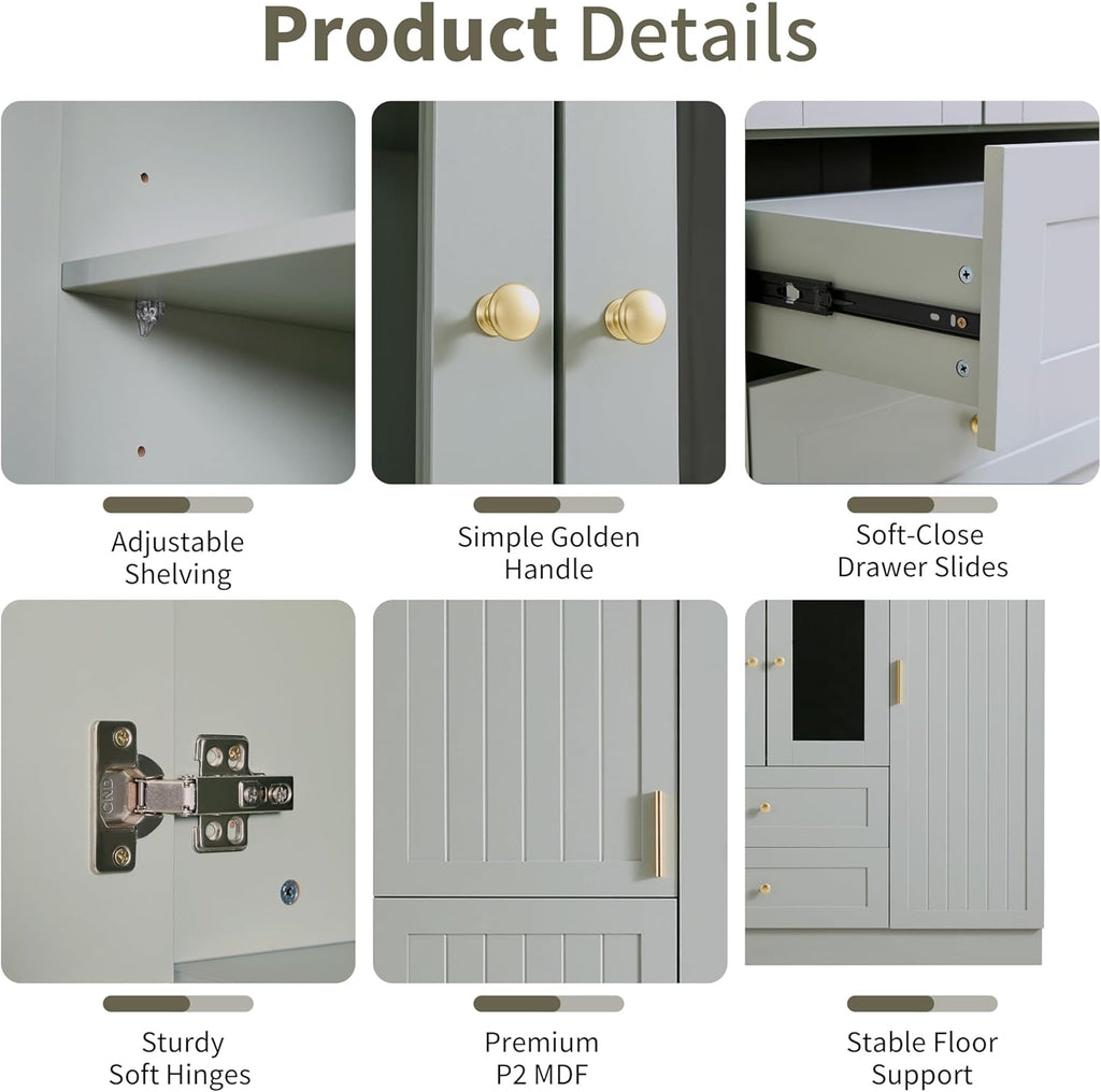 Modern Large Kitchen Pantry with 6 Doors, 53.2''Lx17.7''W Wood Storage Cabinet Cupboard with Drawers, Adjustable Shelves, Pull-Out Trays and Wine Rack for Dining Room (Green-4.19)