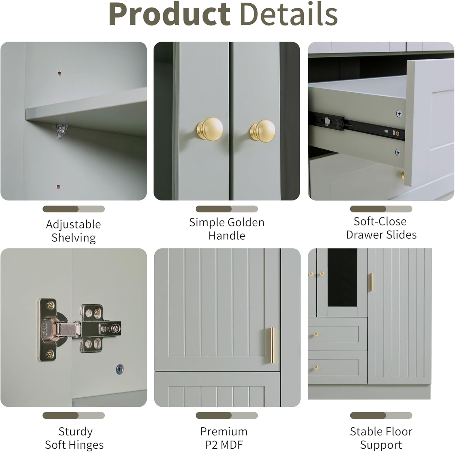 Modern Large Kitchen Pantry with 6 Doors, 53.2''Lx17.7''W Wood Storage Cabinet Cupboard with Drawers, Adjustable Shelves, Pull-Out Trays and Wine Rack for Dining Room (Green-4.19)