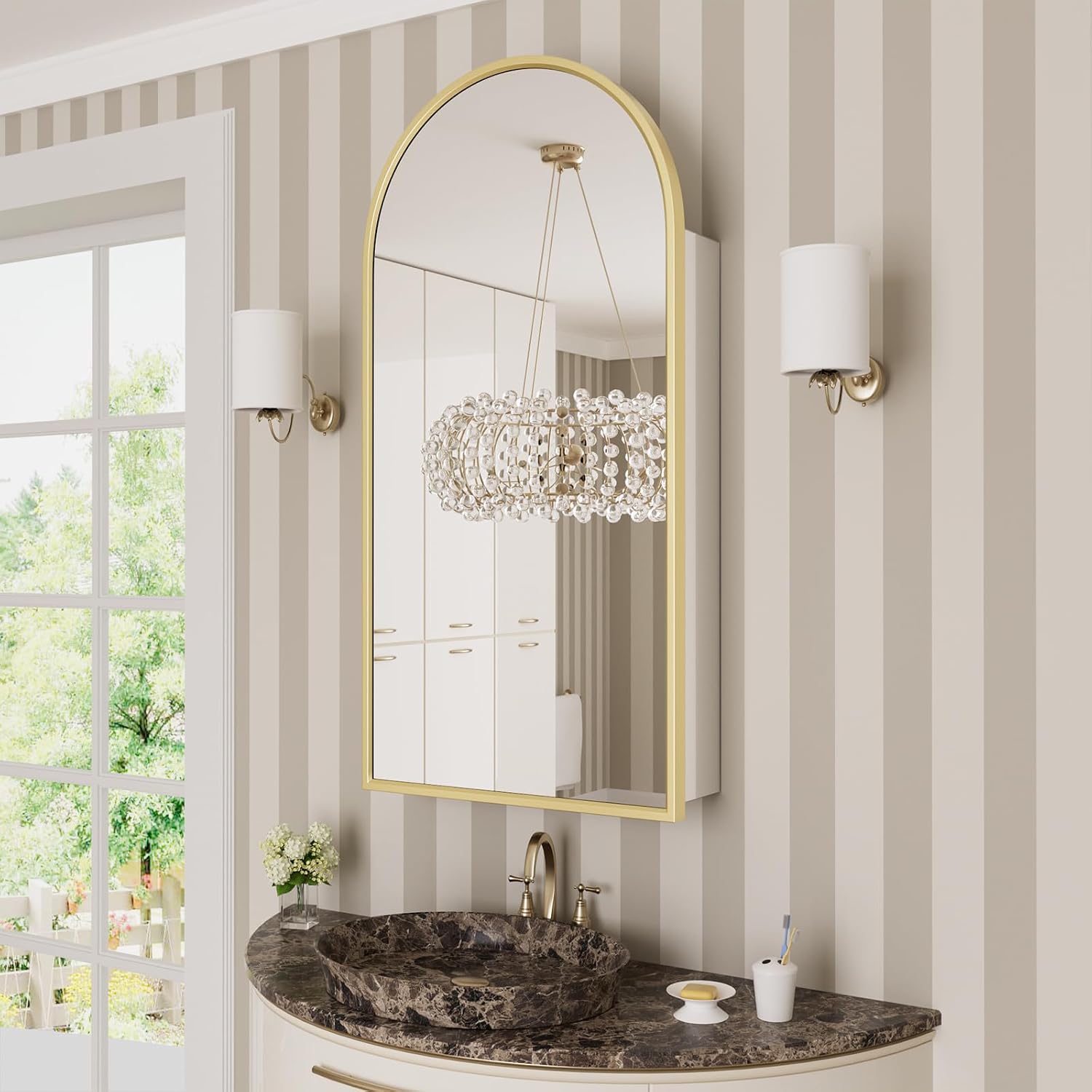WallBeyond Bathroom Medicine Cabinet with Mirror, 17x34 Inch Gold Recessed Medicine Cabinet with Arch Aluminum Alloy Metal Framed, Single Door Modern Medicine Cabinet with Storage