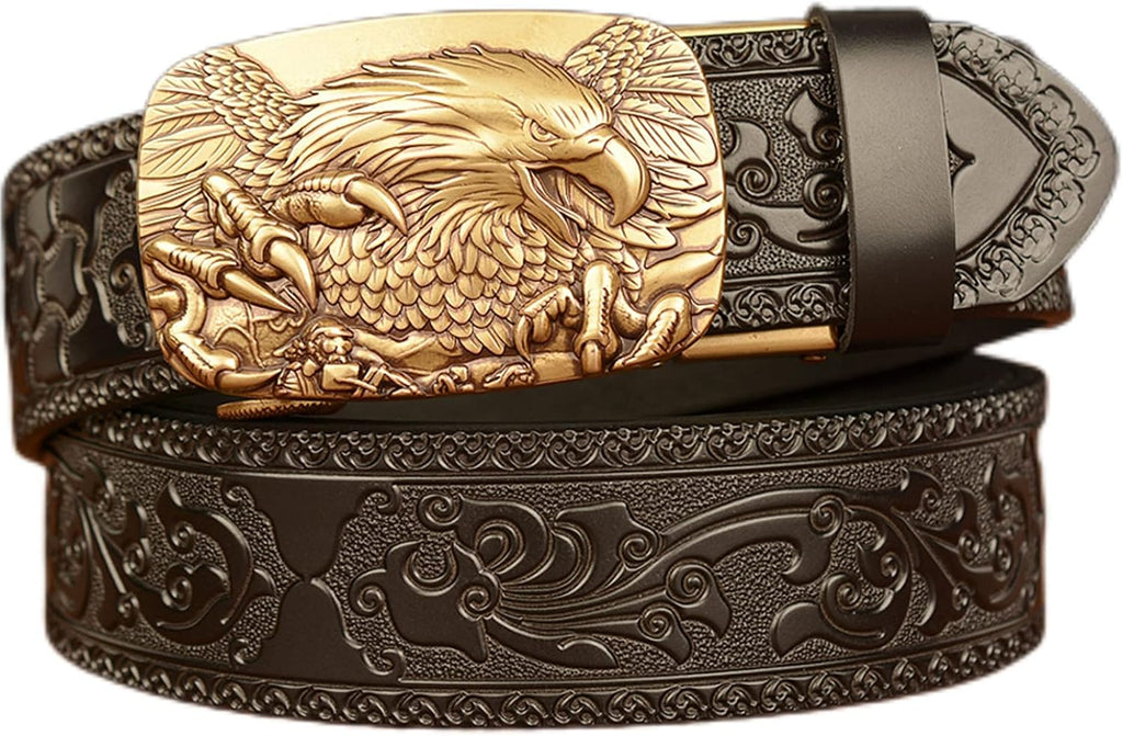 Western 3D Eagle Ratchet Belt for Men – Vintage Cowboy Distressed Genuine Leather Dress Gift
