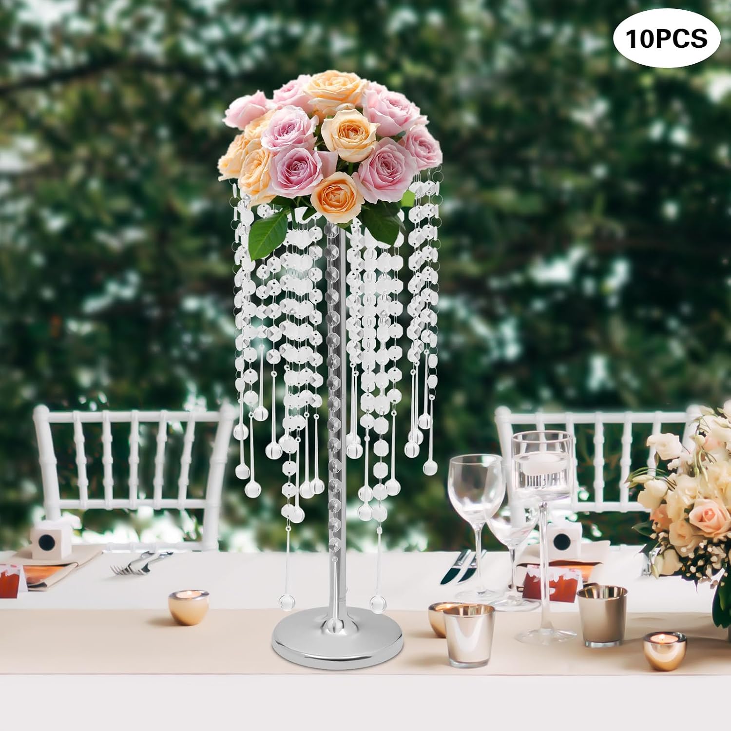 10PCS Crystal Flower Stand Wedding Centerpieces 21.7 Inch Tall Sliver Vases Metal Flower Candle Holder with Sparkling Crystal for Table Wedding Party Dinner Event Decor (Silver-7)