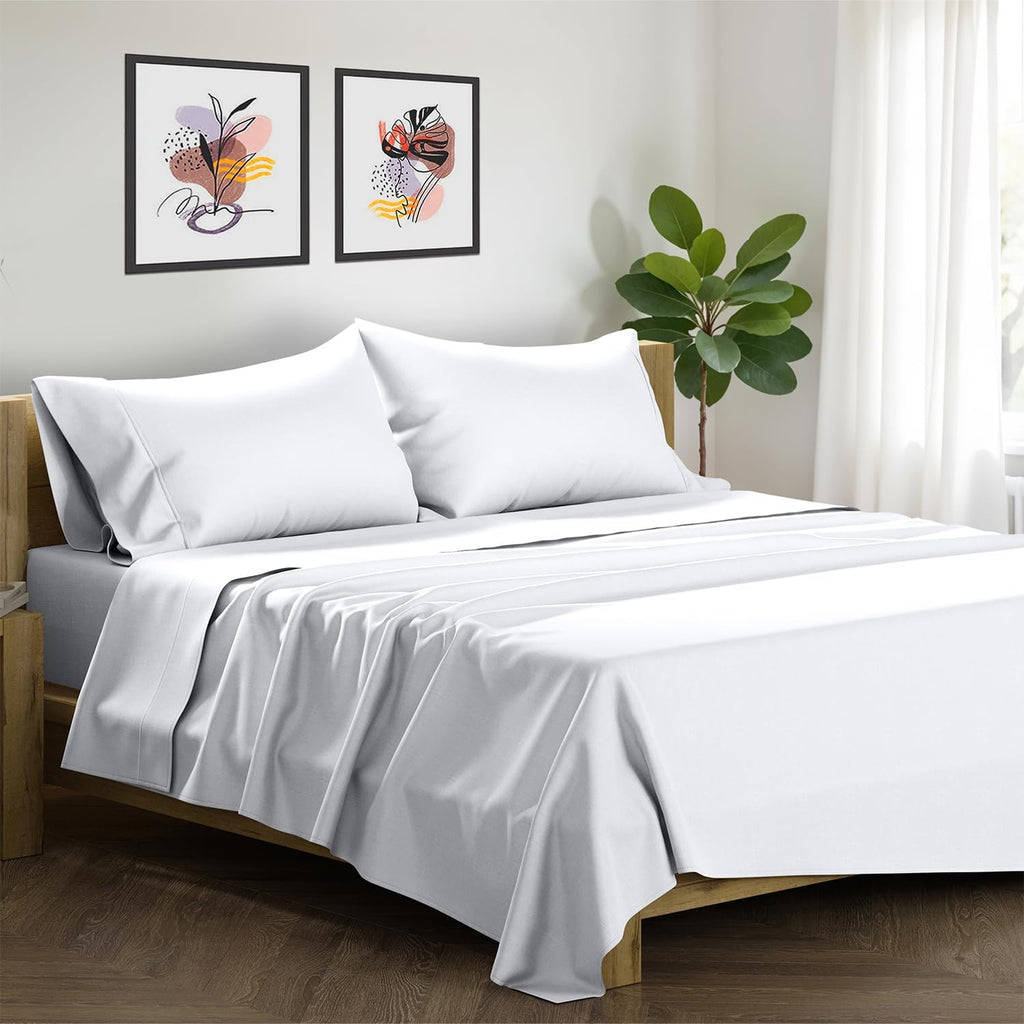 XOOX Linen 100% Egyptian Cotton King Size Sheets Set - Luxury 1500 Thread Count Egyptian Cotton Bed Sheets King Size, Soft, Cooling, Sateen Weave 17' Deep Pocket Bed Set (4 PC, White)