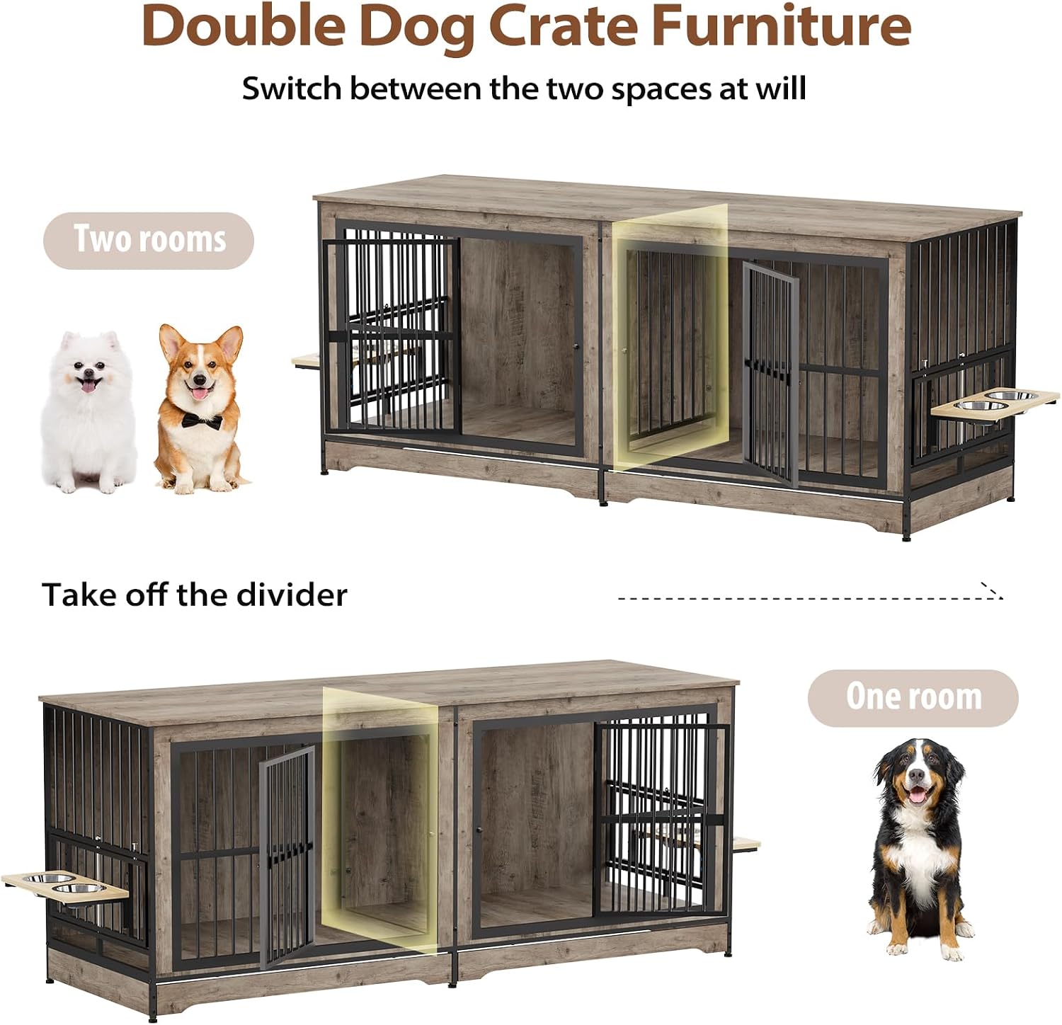 Rovibek 78 Double Dog Crate Furniture for 2 Large Dogs Indoor, Wooden Furniture Dog Crates with Dog Bowl, Dog Kennel Furniture TV Stand Large Breed Grey