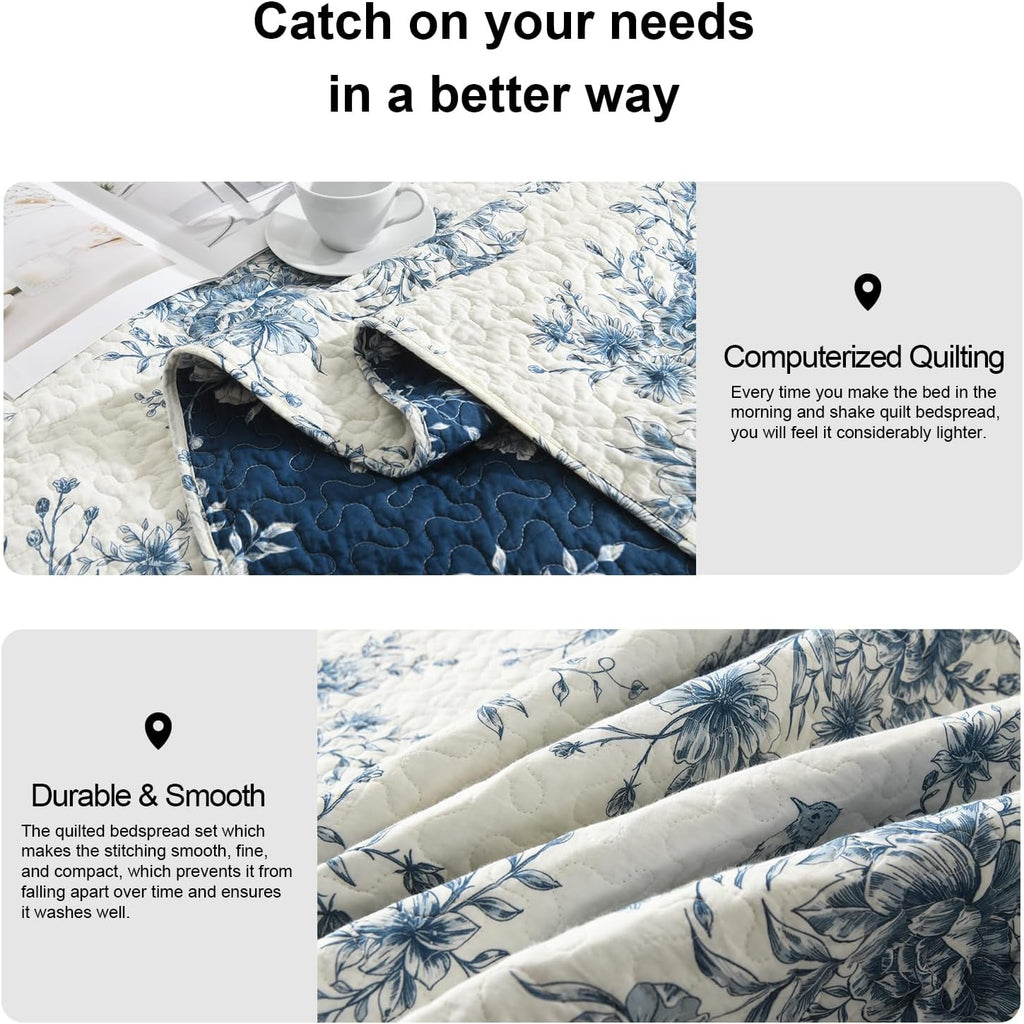 PANGUSHAN Quilt Set King Size - 100% Cotton King Comforter Set, Blue and White Farmhouse Bedspread with 2 Pillow Shams, Floral Reversible Lightweight Bedding, King Bed Spread for All Season, 3pcs
