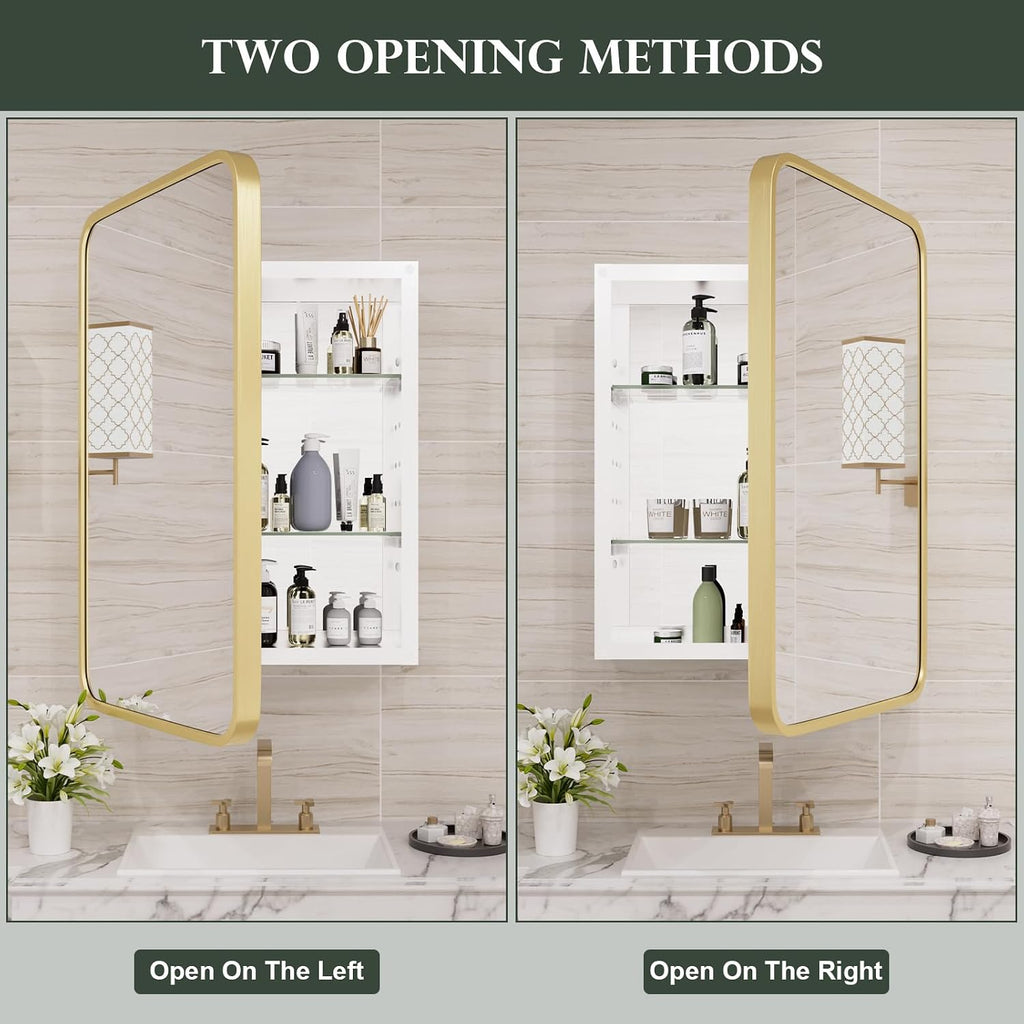 WallBeyond Bathroom Medicine Cabinet with Mirror, 16x24 Inch Gold Recessed Medicine Cabinet with Round Corner Aluminum Alloy Metal Framed.