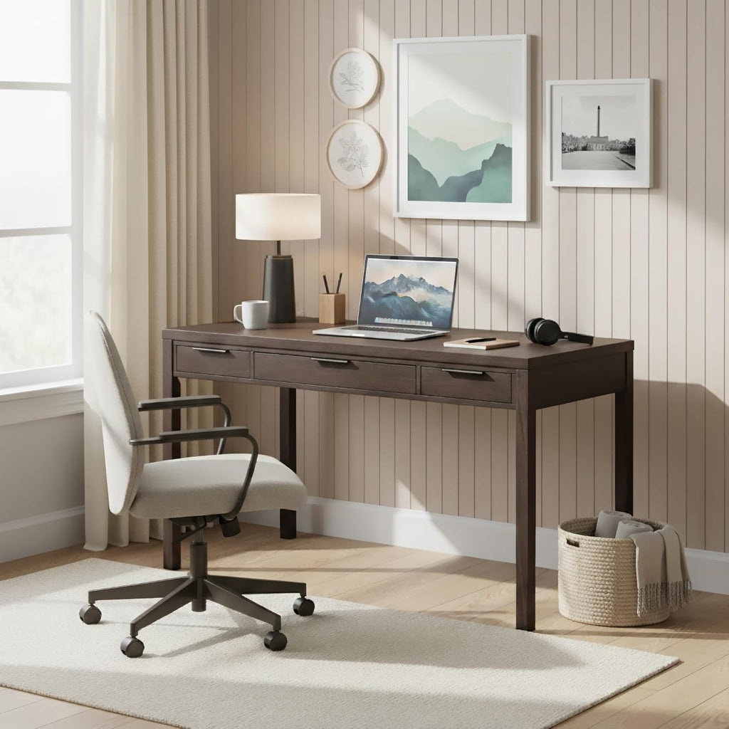 SIMPLIHOME Hollander Desk - 60 Inch Wide Solid Wood Writing Desk in Dark Brown Walnut, Contemporary Home Office Computer Table for Workspace or Study with 2 Drawers and Flip-Down Keyboard Tray