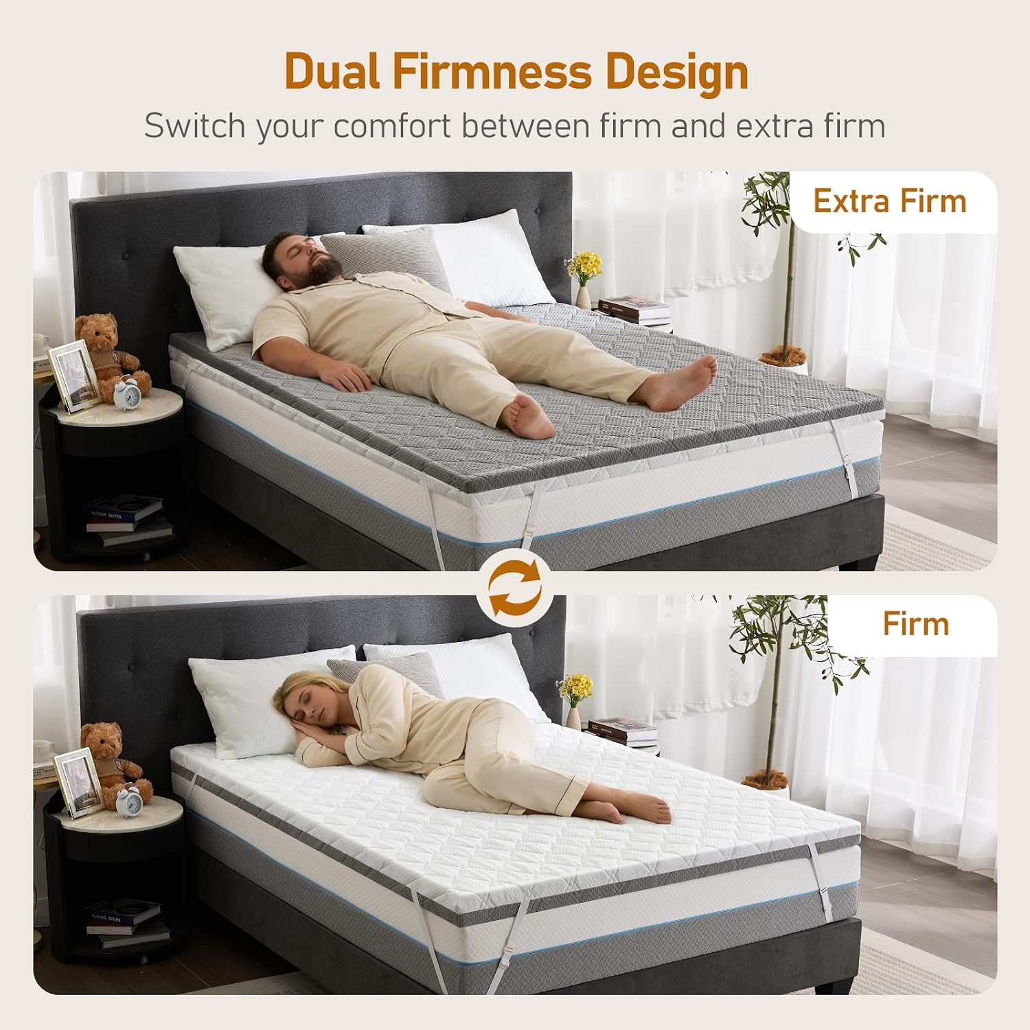 Extra Firm Mattress Topper Queen: 3 Inch Dual Firmness Flippable, Firm to Extra Firm for Back Pain, Double Sides Sleep Mattress Pad, Washable Anti-Slip Cover, CertiPUR-US Oeko-Tex Certified 80x60
