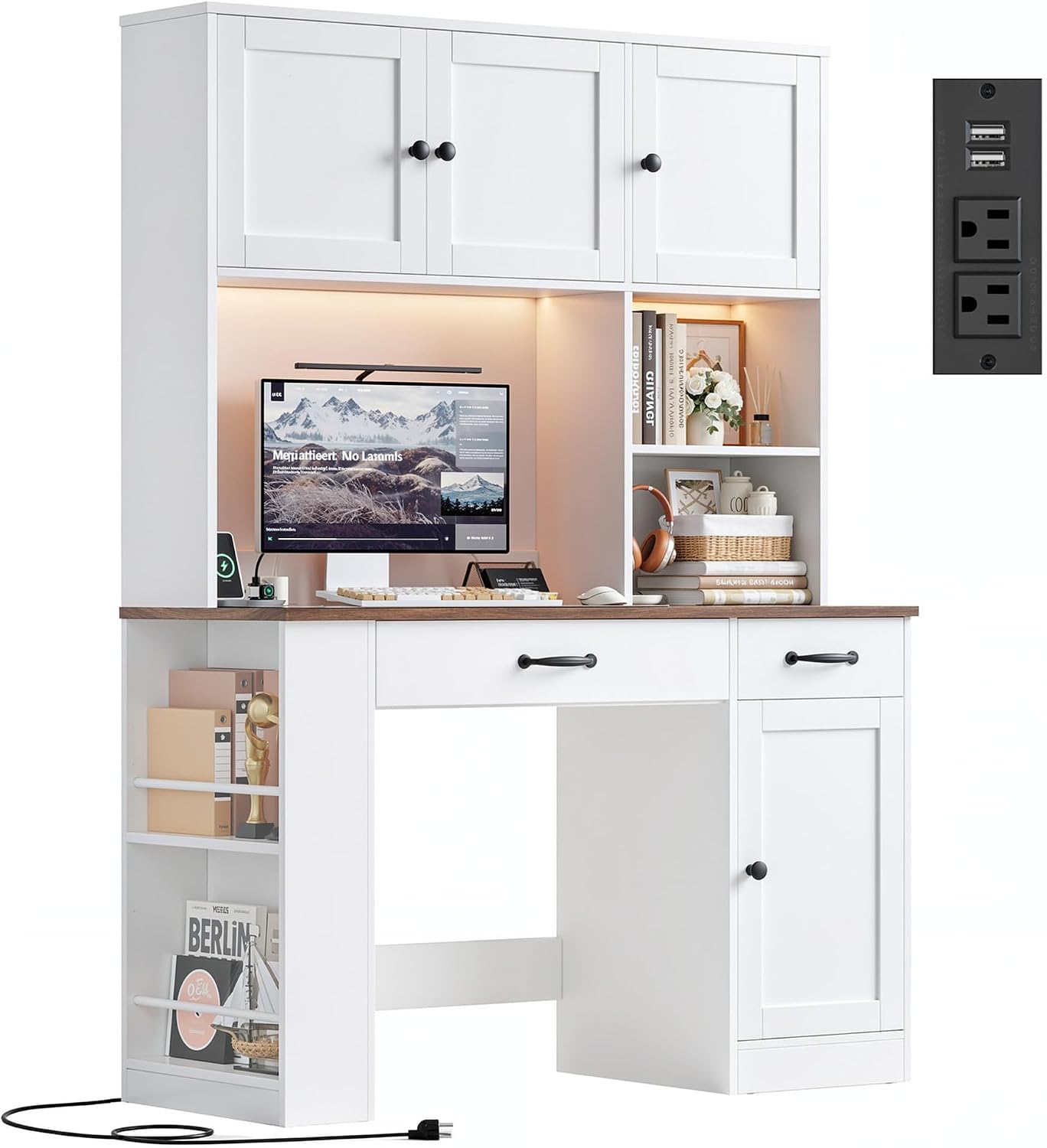 Keyluv 71' Tall Computer Desk with Hutch Cabinet, Home Office Desk with Storage Drawers Shelves and Side Rack, Wood Executive Desk with Doors, Outlet Station and Smart LED Lights, White
