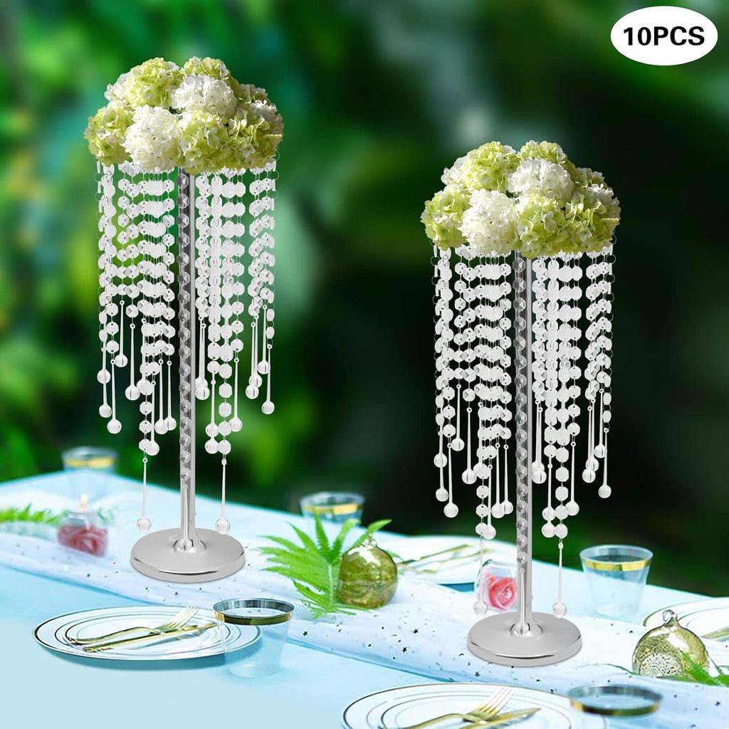 10PCS Crystal Flower Stand Wedding Centerpieces 21.7 Inch Tall Sliver Vases Metal Flower Candle Holder with Sparkling Crystal for Table Wedding Party Dinner Event Decor (Silver-7)