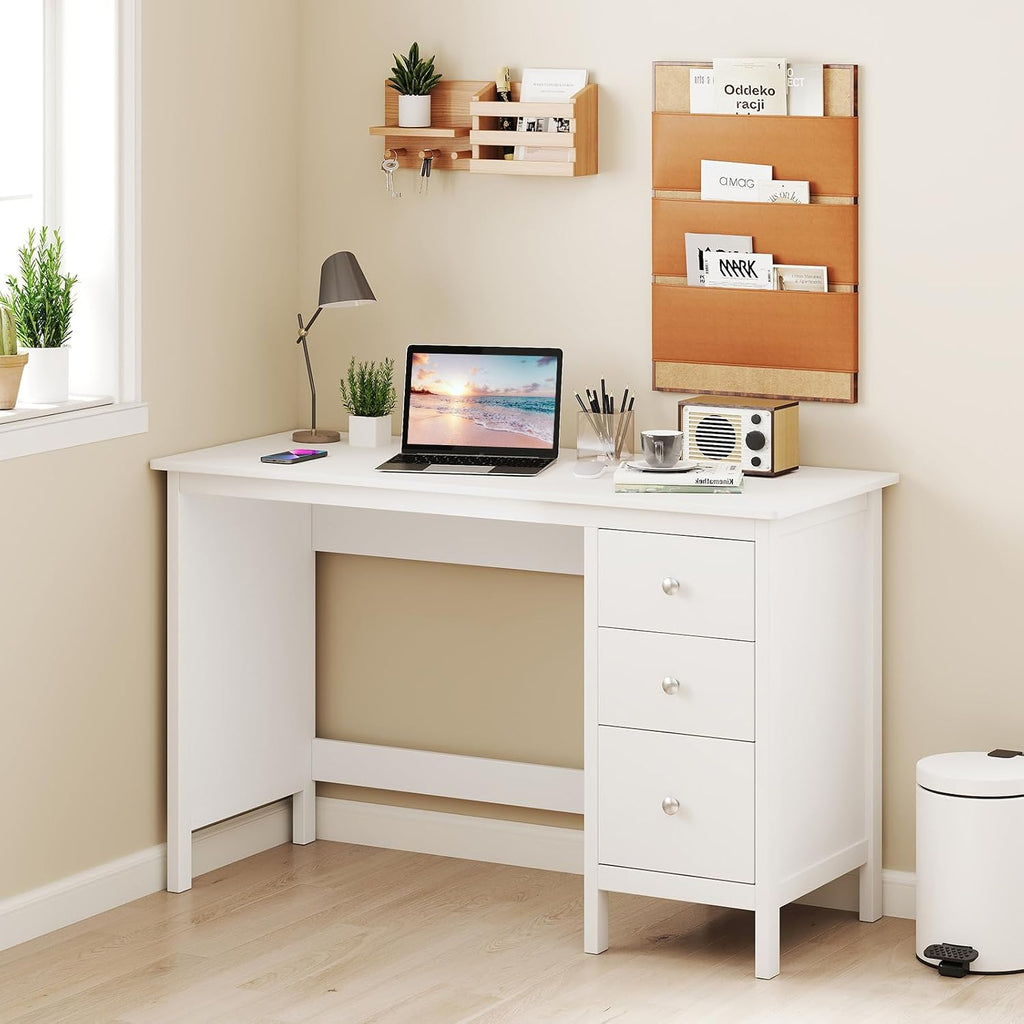 Giantex White Desk with Drawers, 48 Inch Home Office Desk with Anti-Toppling Device, Multifunctional Computer Workstation, Wood Study Writing Desk for Small Spaces, Bedroom
