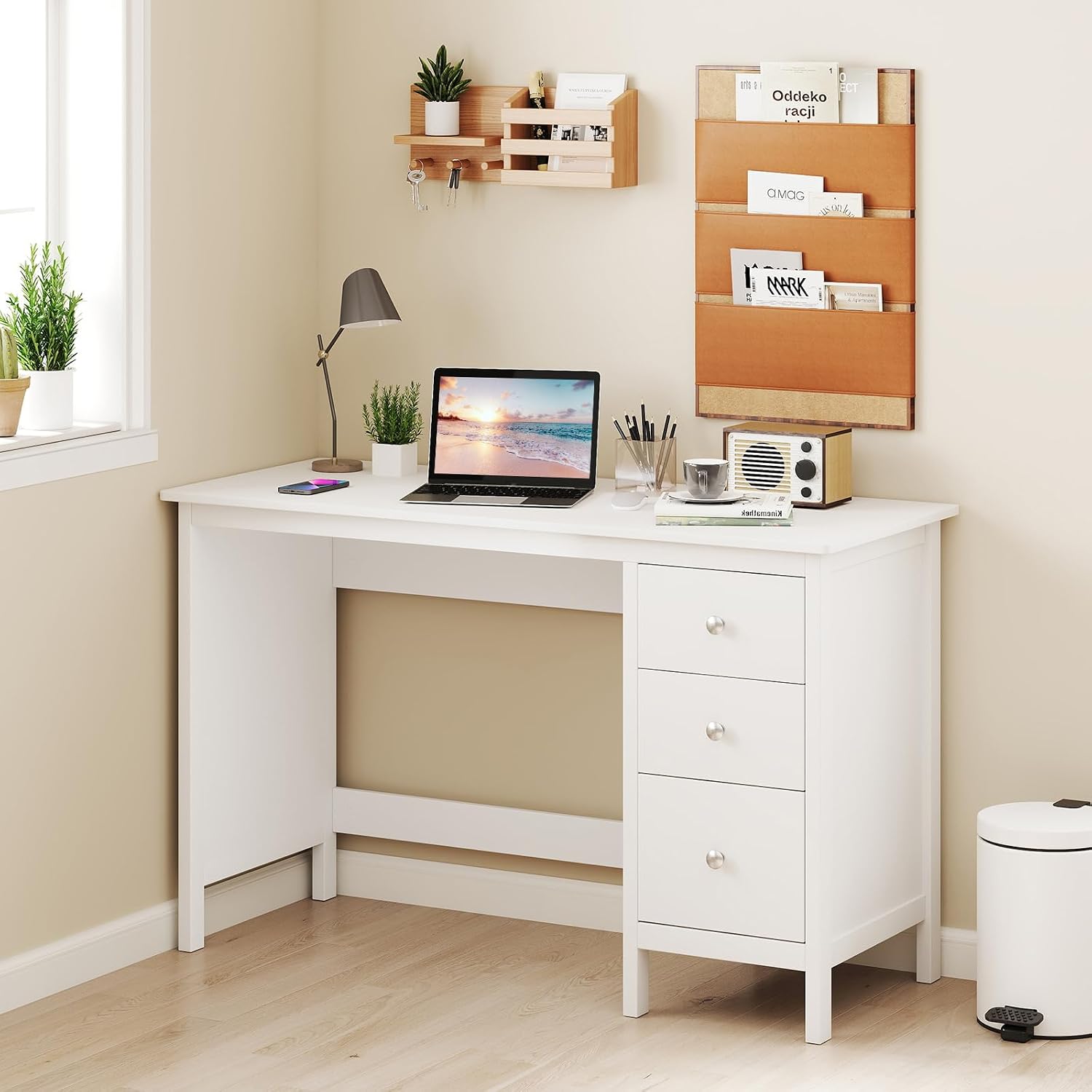 Giantex White Desk with Drawers, 48 Inch Home Office Desk with Anti-Toppling Device, Multifunctional Computer Workstation, Wood Study Writing Desk for Small Spaces, Bedroom