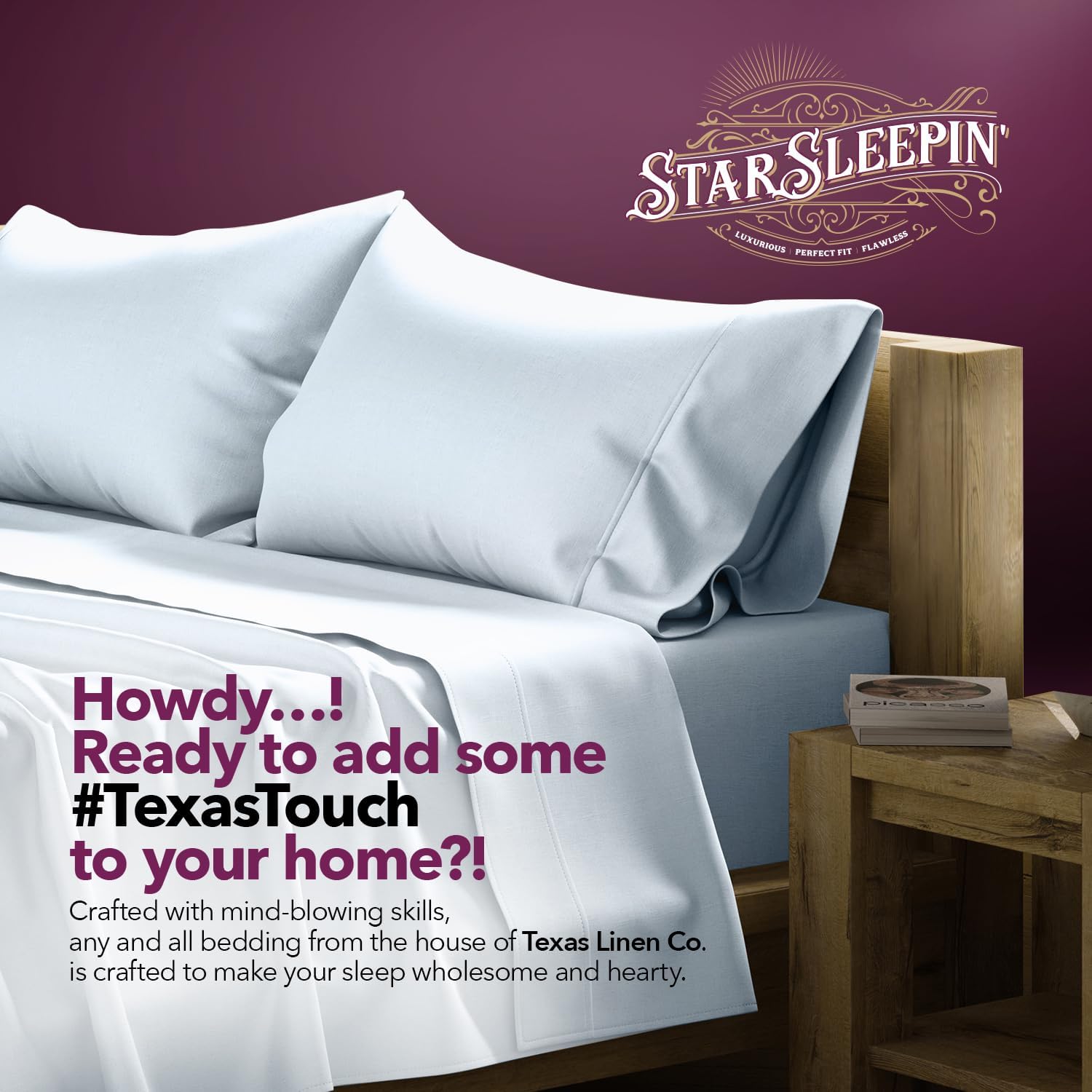 TEXAS LINEN CO. 100% Egyptian Cotton Queen Sheets Set - Luxury 1200 Series Star Sleepin' Collection Egyptian Cotton Sheets Queen Size (4 PC, Light Blue), 17' Deep Pocket, Cooling Hotel Bedding Set