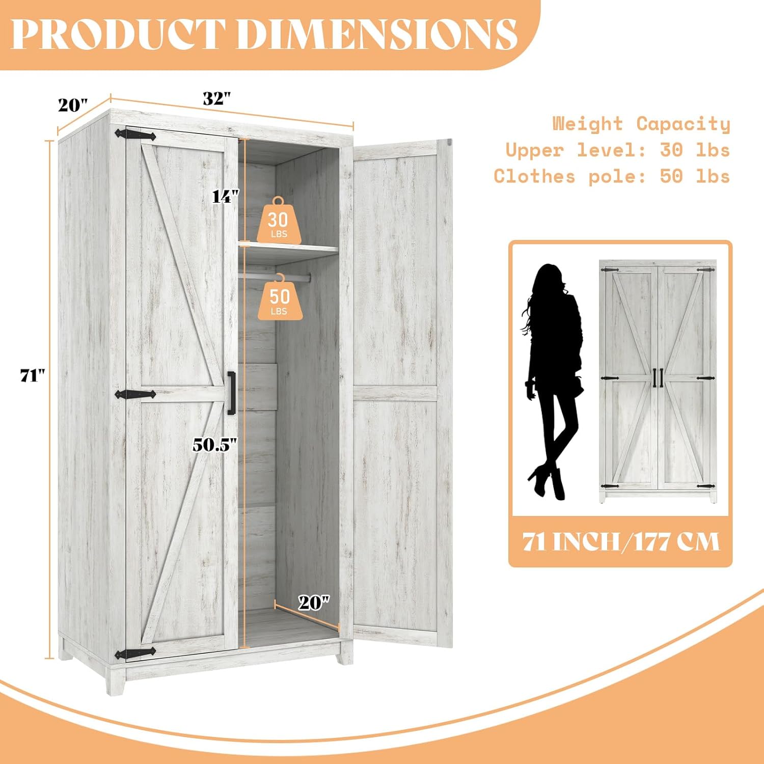 LUXOAK 70' Large Armoire Wardrobe Closet with Hanging Rod, Farmhouse Clothing Storage Cabinet with 2 Barn Doors, Wooden Tall Bedroom Armoires with Shelf, Distressed White