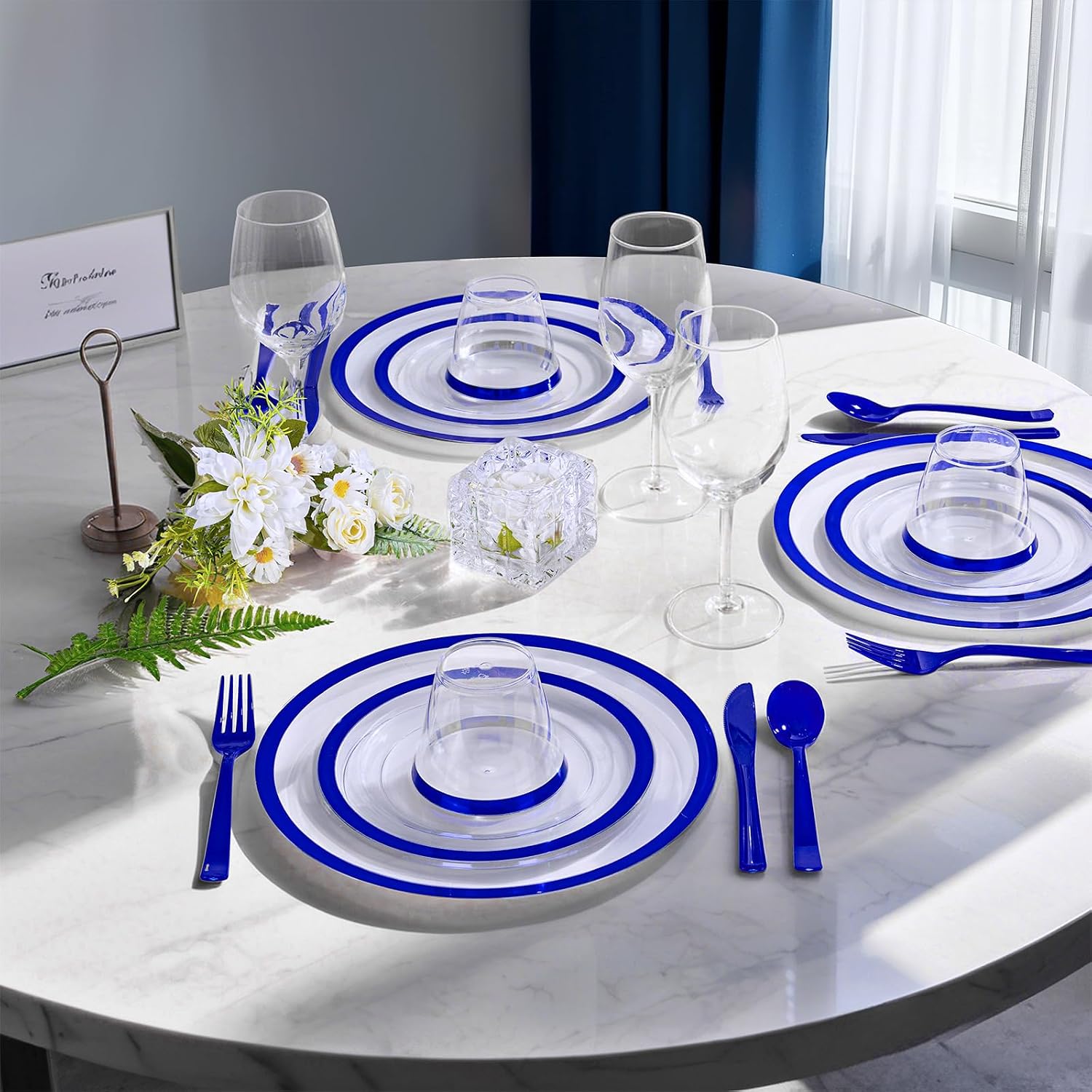 I00000 700 Piece Blue Plastic Dinnerware Set for Party, Clear Disposable Plates for 100 Guests, Include: 100 Dinner Plates, 100 Dessert Plates, 100 Pre Rolled Napkins with Cutlery Set, 100 Cups