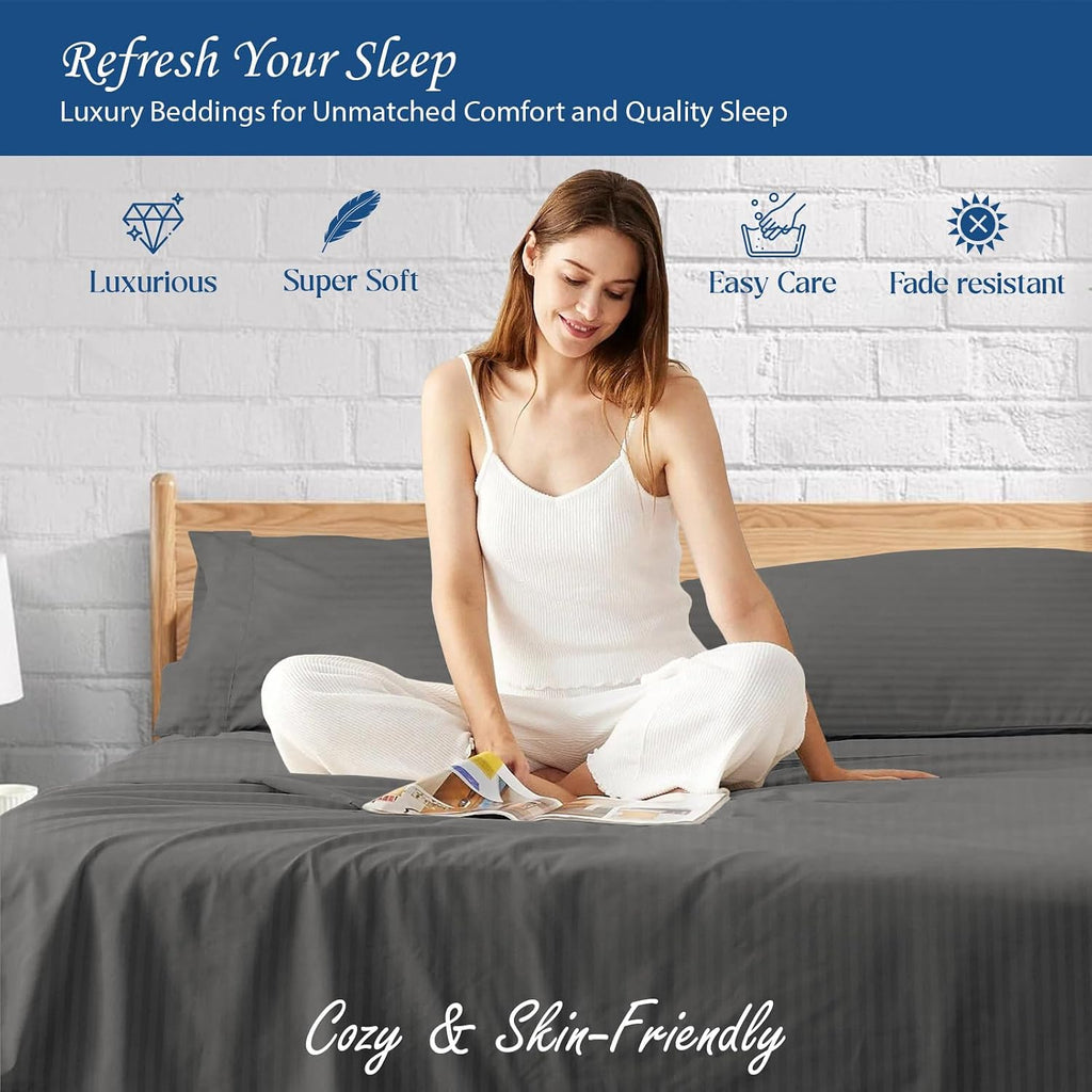 1000 Series- Extra Long Staple 100% Egyptian Cotton Sheet Set,Sateen Weave, Hotel Quality Soft Luxury Bedding, Queen Size 4 Piece Sheet Set Fit 15' Inch to 18' Deep Stripe Grey