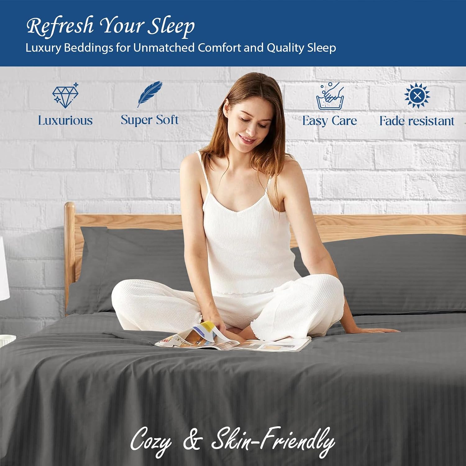 1000 Series- Extra Long Staple 100% Egyptian Cotton Sheet Set,Sateen Weave, Hotel Quality Soft Luxury Bedding, Queen Size 4 Piece Sheet Set Fit 15' Inch to 18' Deep Stripe Grey