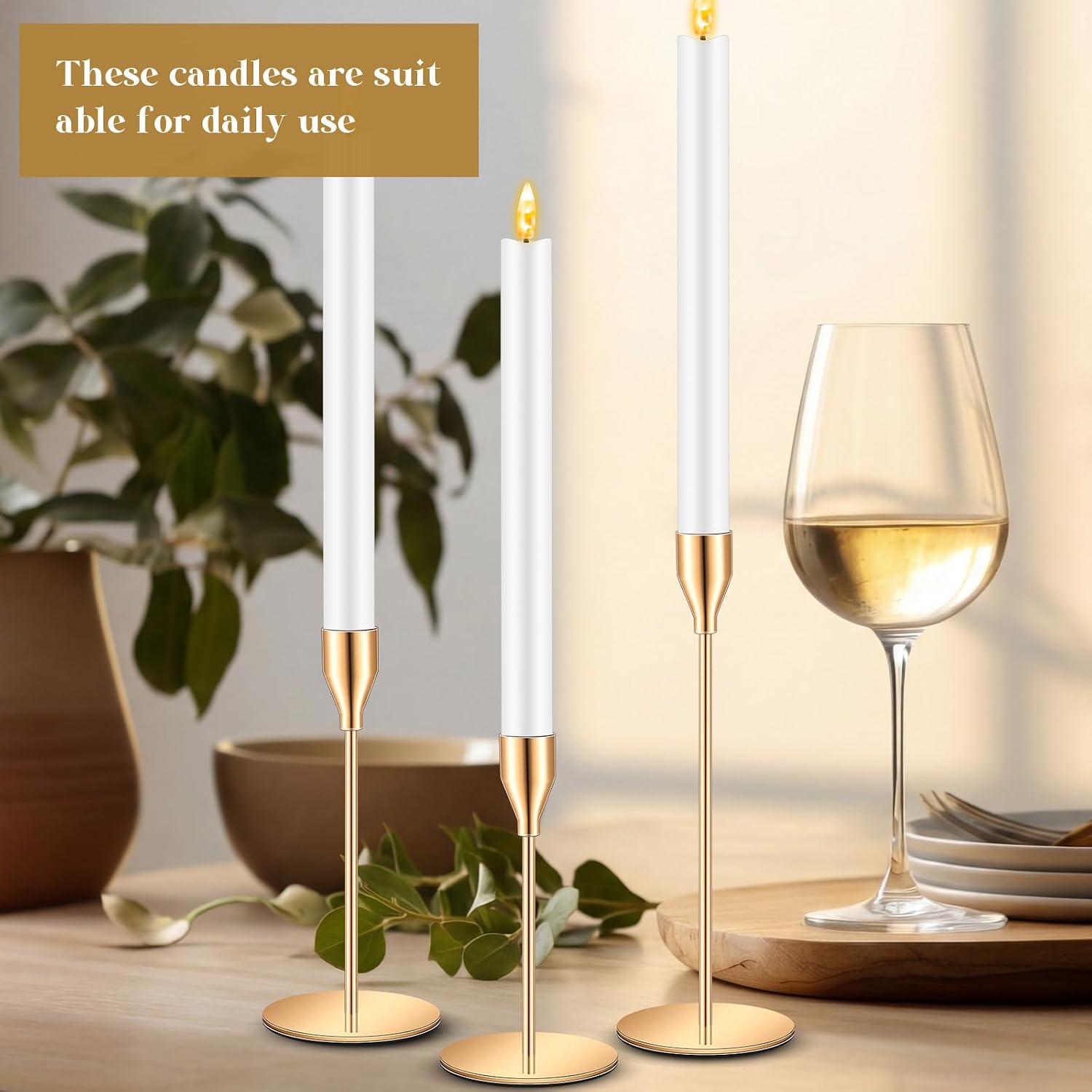 FillTouch 60 Pcs Gold Candlestick Holders with LED Flameless Candles Bulk Includes 30 Metal Candle Holders and 30 Battery Operated Candles for Wedding Table Centerpieces Home Decor(White)