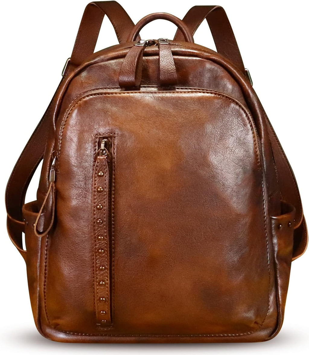 Genuine Leather Backpack Purse for Women Vintage Casual Daypack College Bag Handmade Cowhide Western Rivets Rucksack (Brown)