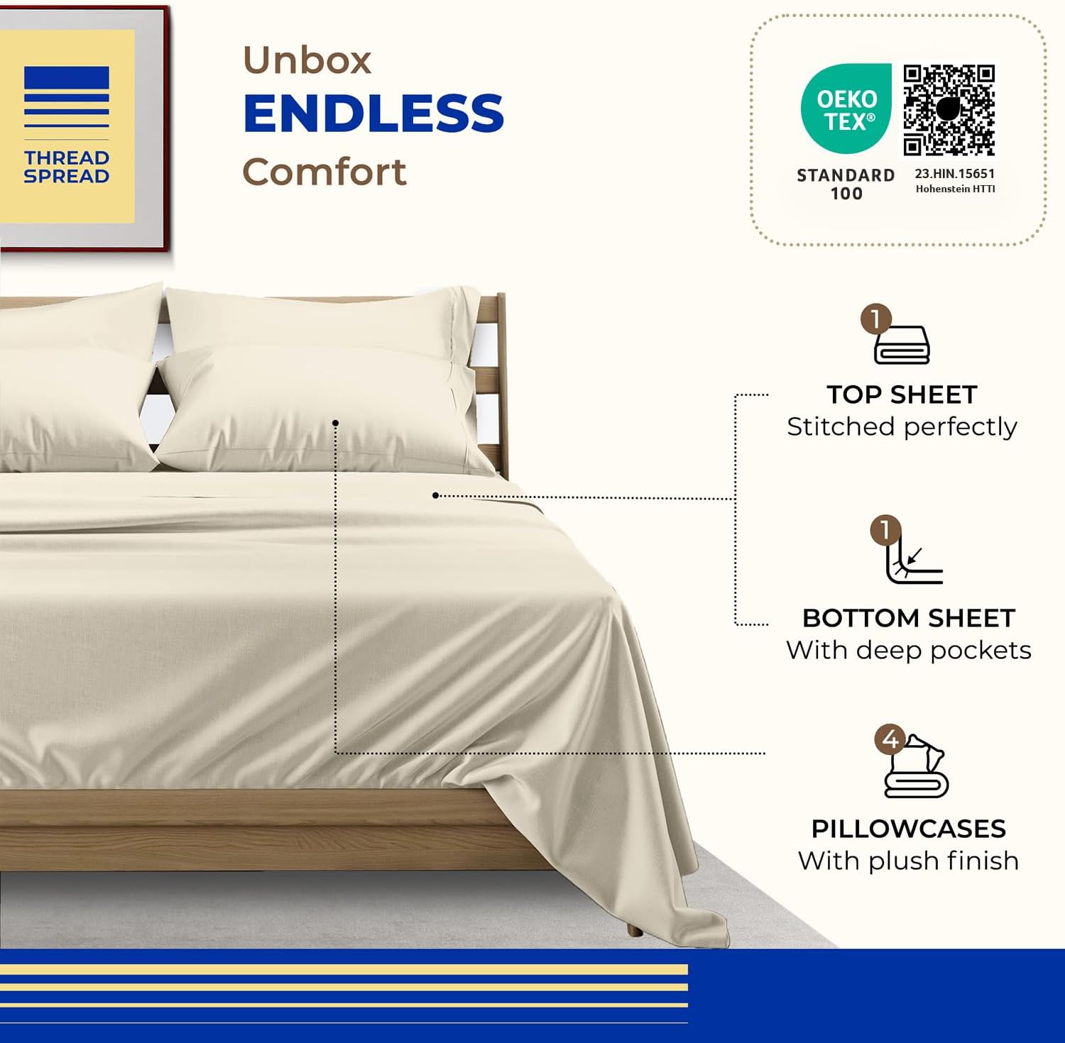 THREAD SPREAD Queen Sheet Set, Luxury 1000 Series Paradise Collection 100% Egyptian Cotton Bed Sheets Queen Size (6 PC, Ivory), Silky Soft, Cooling, Sateen Weave, 16' Deep Pocket Hotel Sheet Set