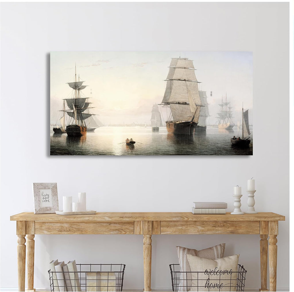 A&T ARTWORK Boston Harbor, Sunset, Fitz Henry Lane Sailboat Warship Painting Reproductions Reproductions,Giclee Canvas Prints Wall Art for Home Decor,45x24x1.5 inches
